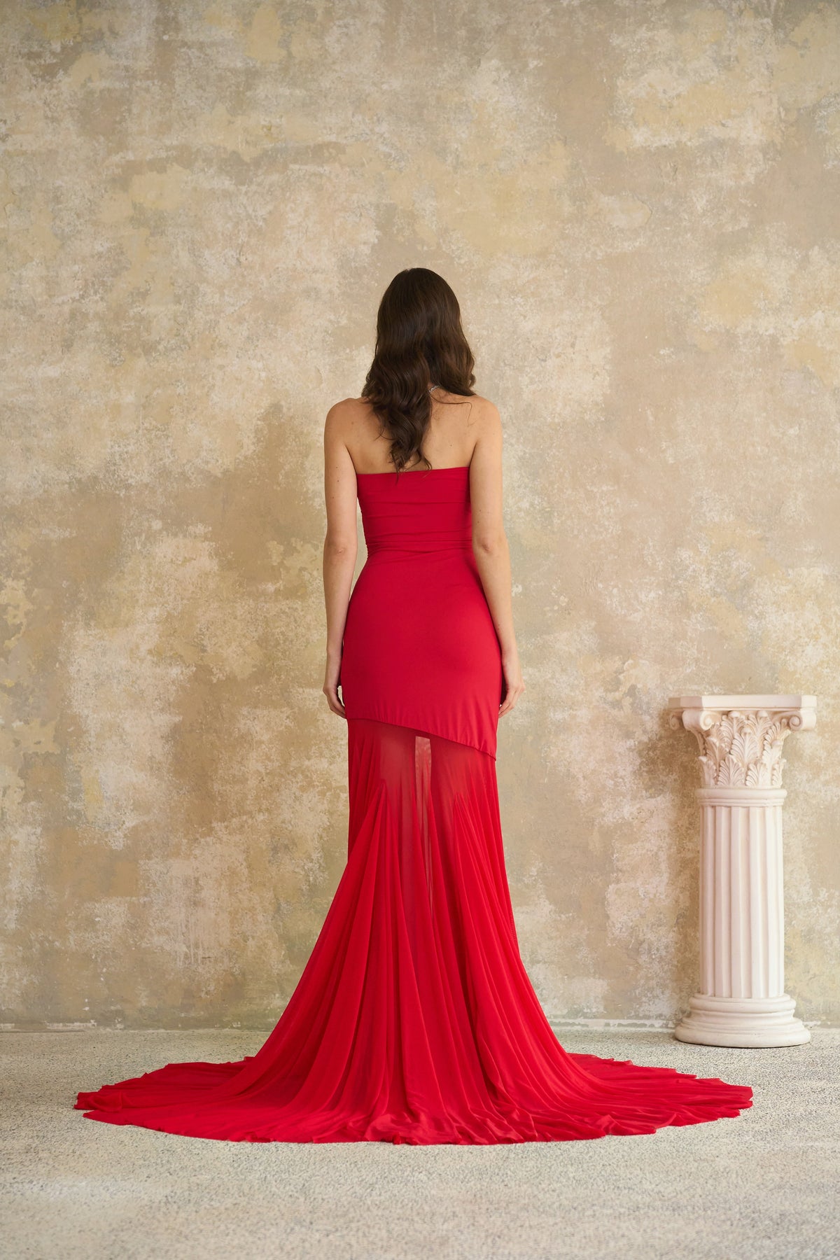 Josiane Red Off-shoulder Sheer Tulle Maxi Dress
