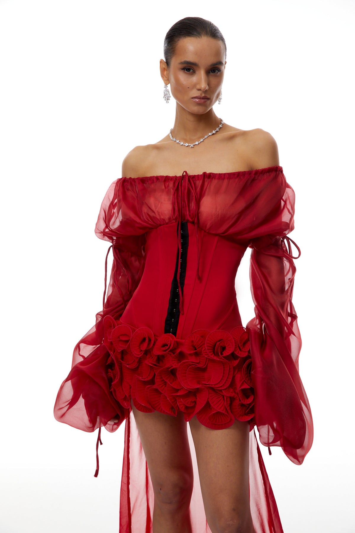 Léonie Red Train Ruffled Corset Mini Dress (Final Sale-US Only)