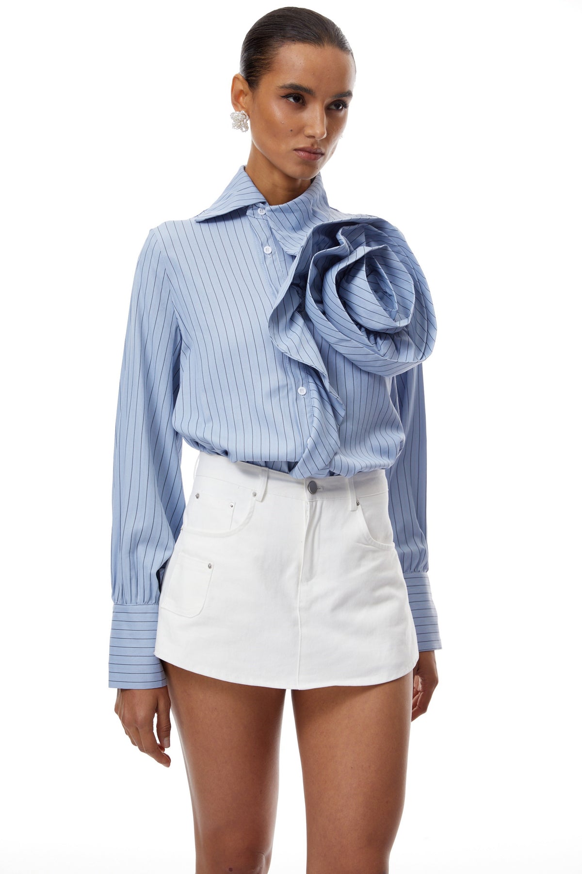 Torhild Blue 3D Petal Pinstriped Shirt