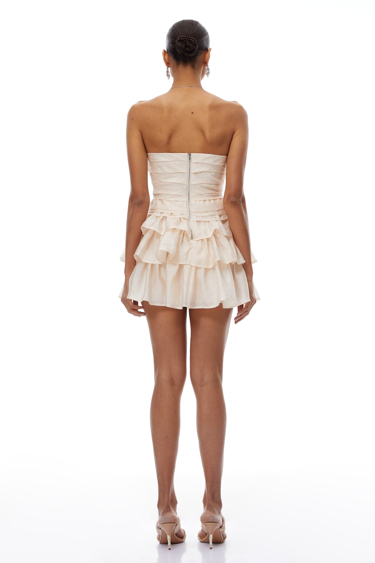Vilja Neutral Ruffled Detail Tiered Mini Dress (Final Sale)