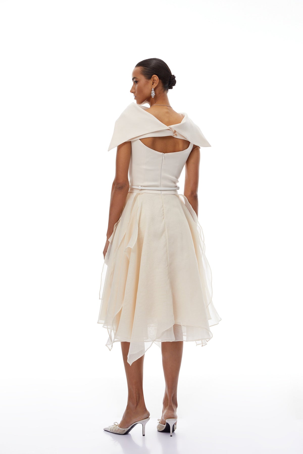 Aria White Asymmetrical Shawl & Tulle Panel Dress Set