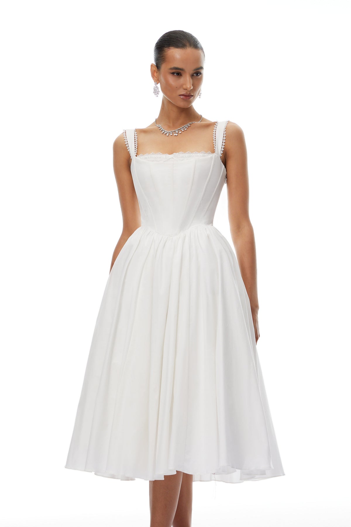 Béatrice White Lace Trim Corset Midi Dress