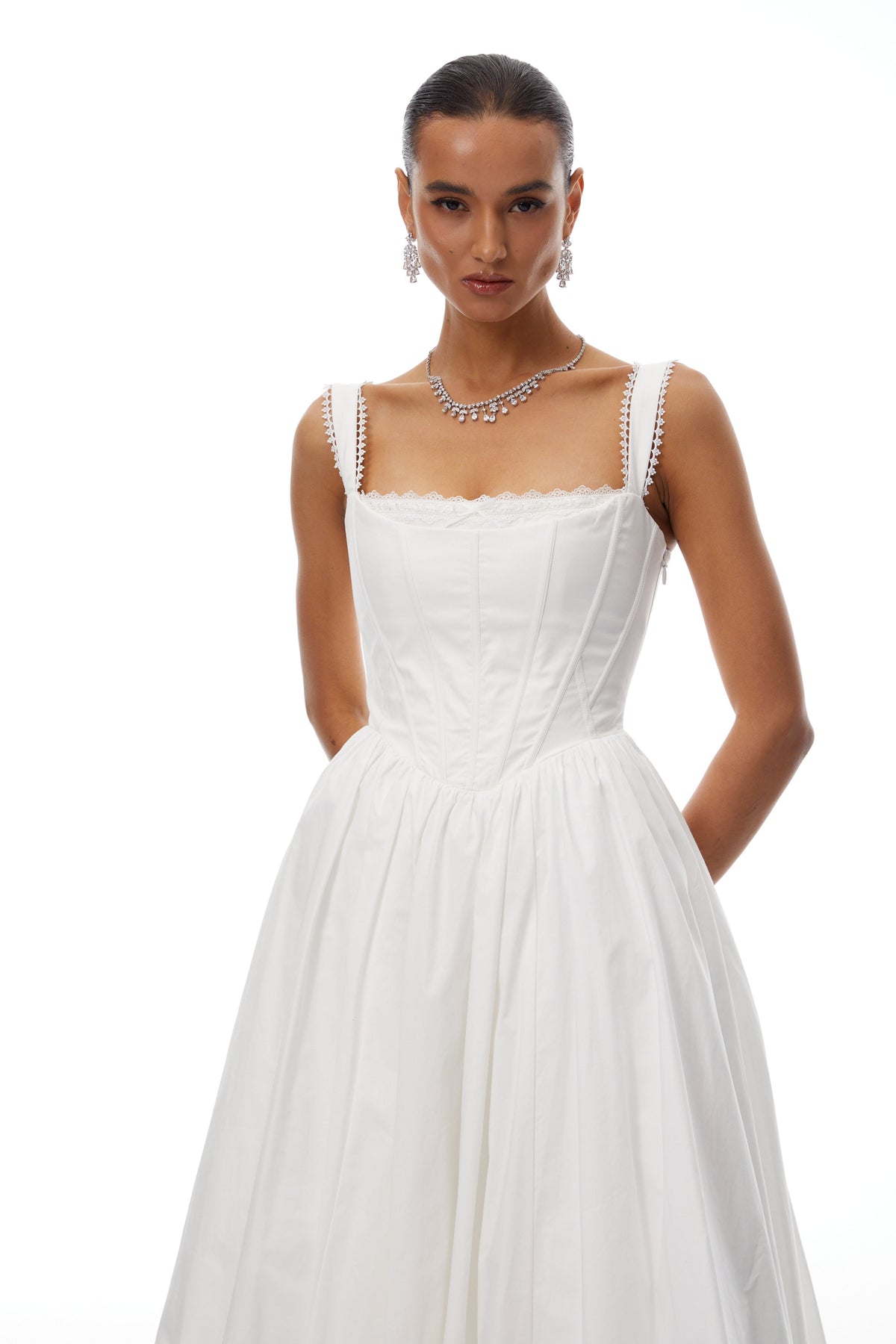 Béatrice White Lace Trim Corset Midi Dress