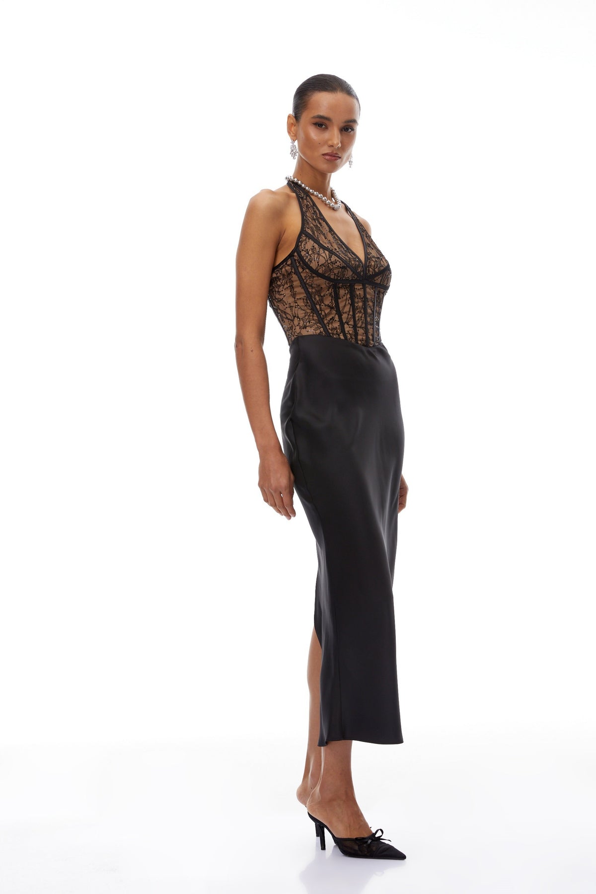 Lucie Black Lace Panel Satin Midi Dress