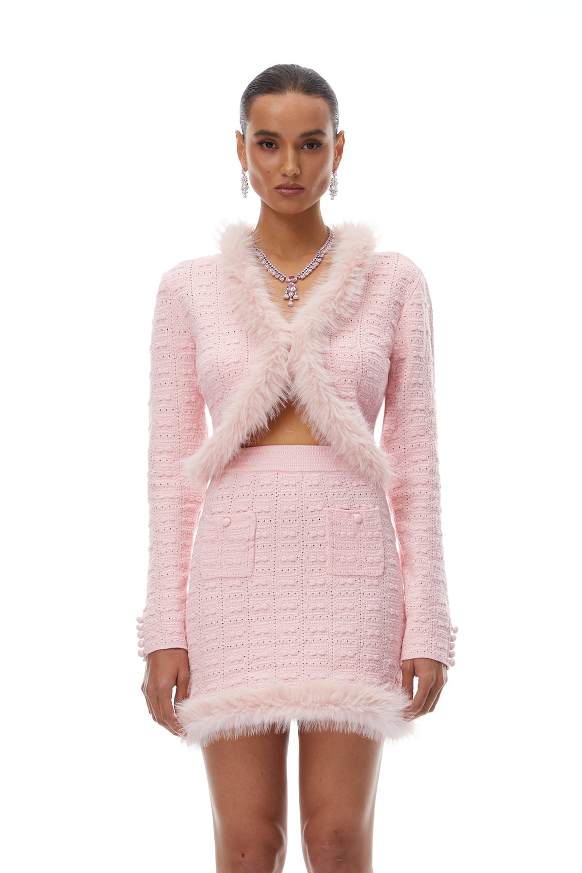 Alma Pink Fur Trim Knit Cardigan & Skirt Set