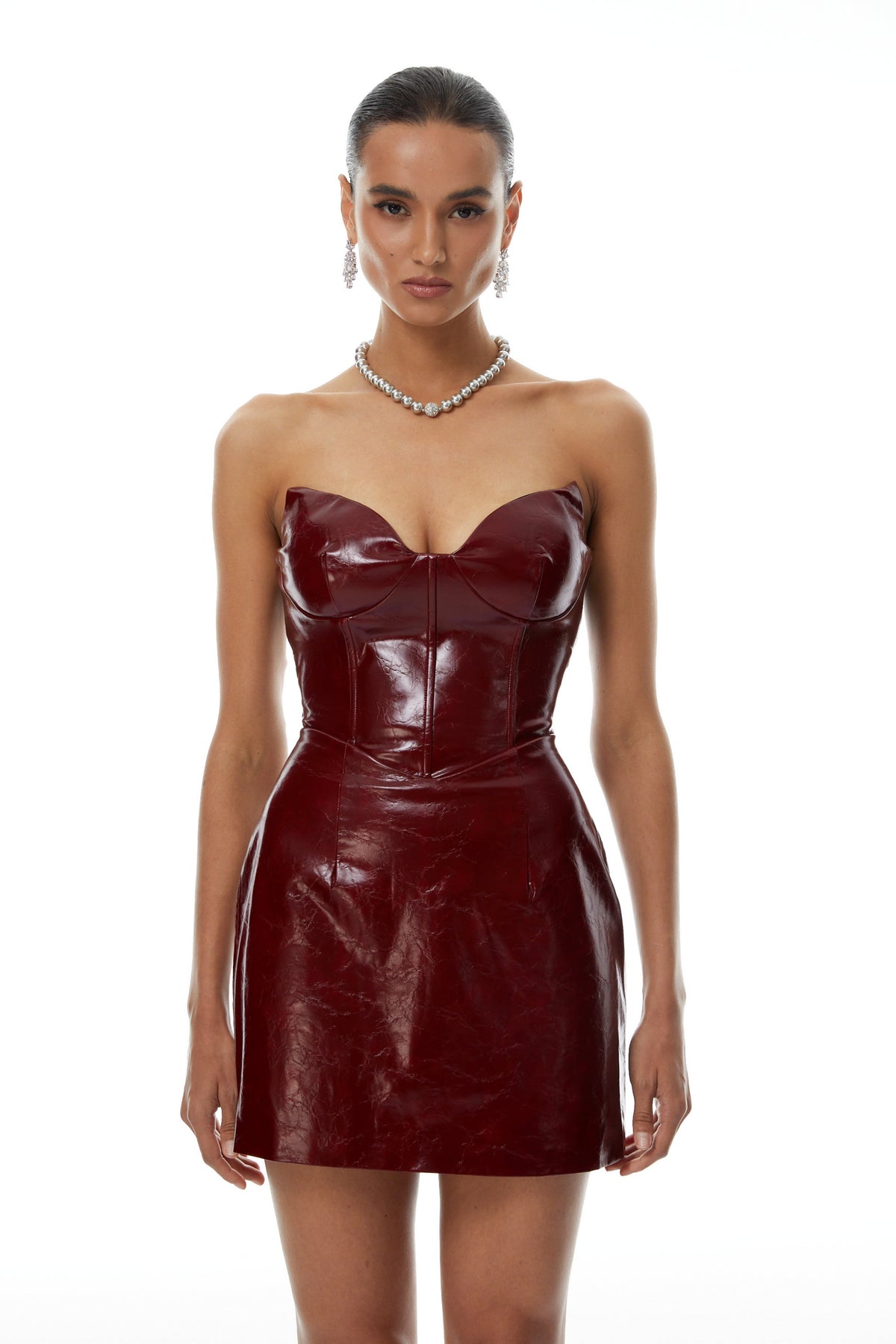 Victoire Burgundy Strapless Textured Leather Mini Dress (Final Sale)