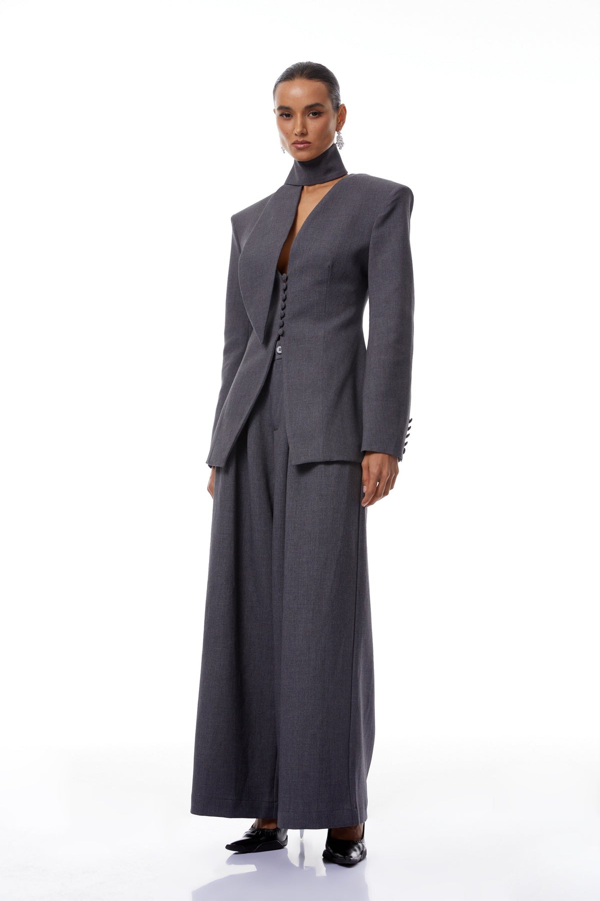 Neve Grey V-Neck Tailored Blazer