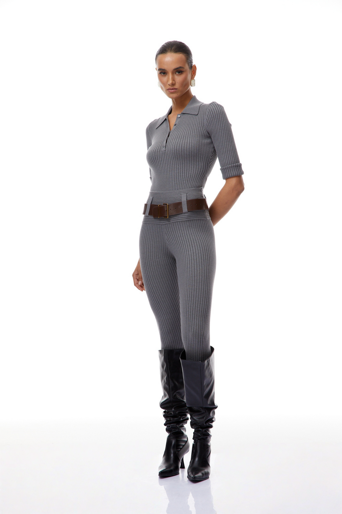 Claire Grey Ribbed Knit Bodysuit & Trousers Set