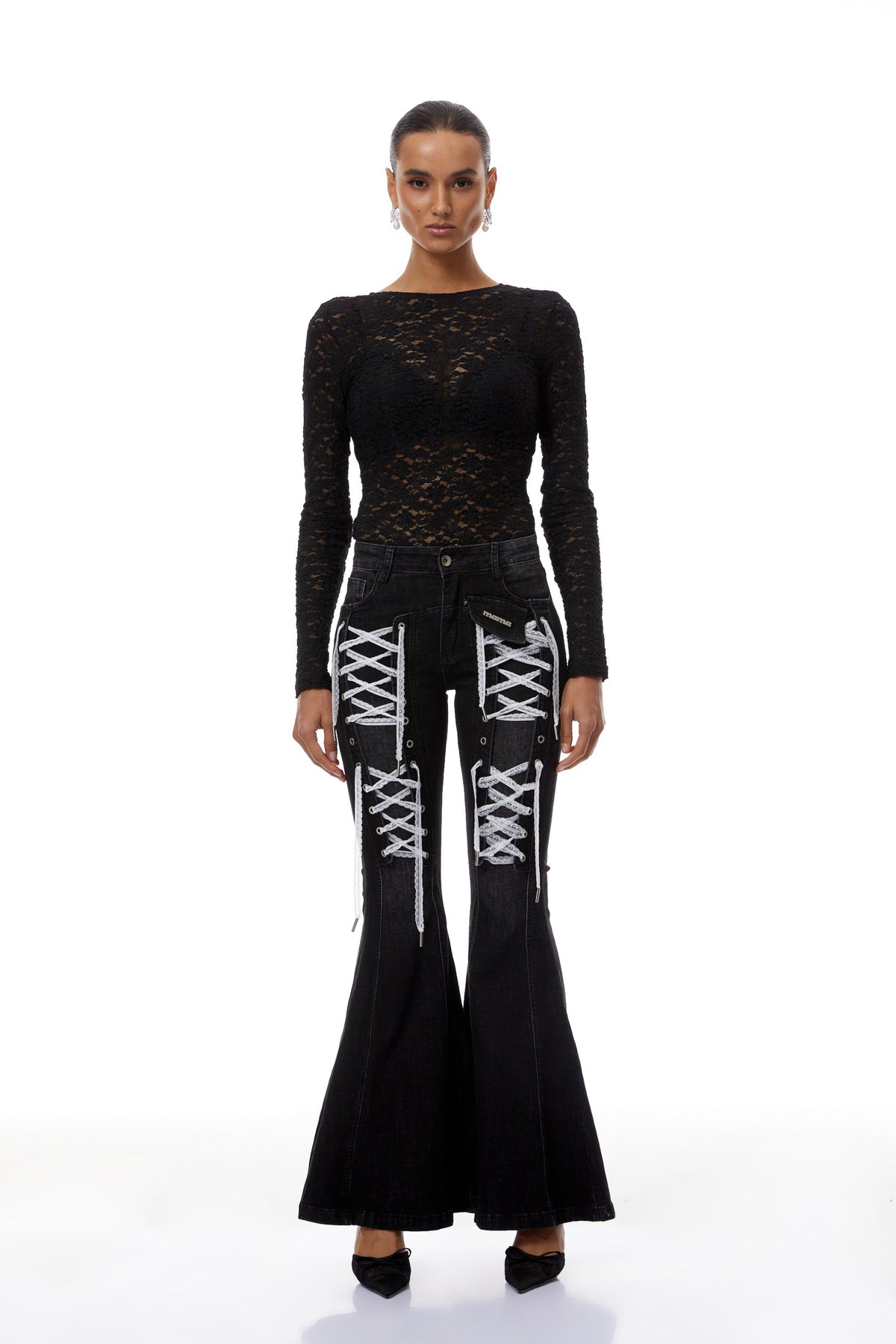 Fina Black Lace-up Detail Flared Jeans