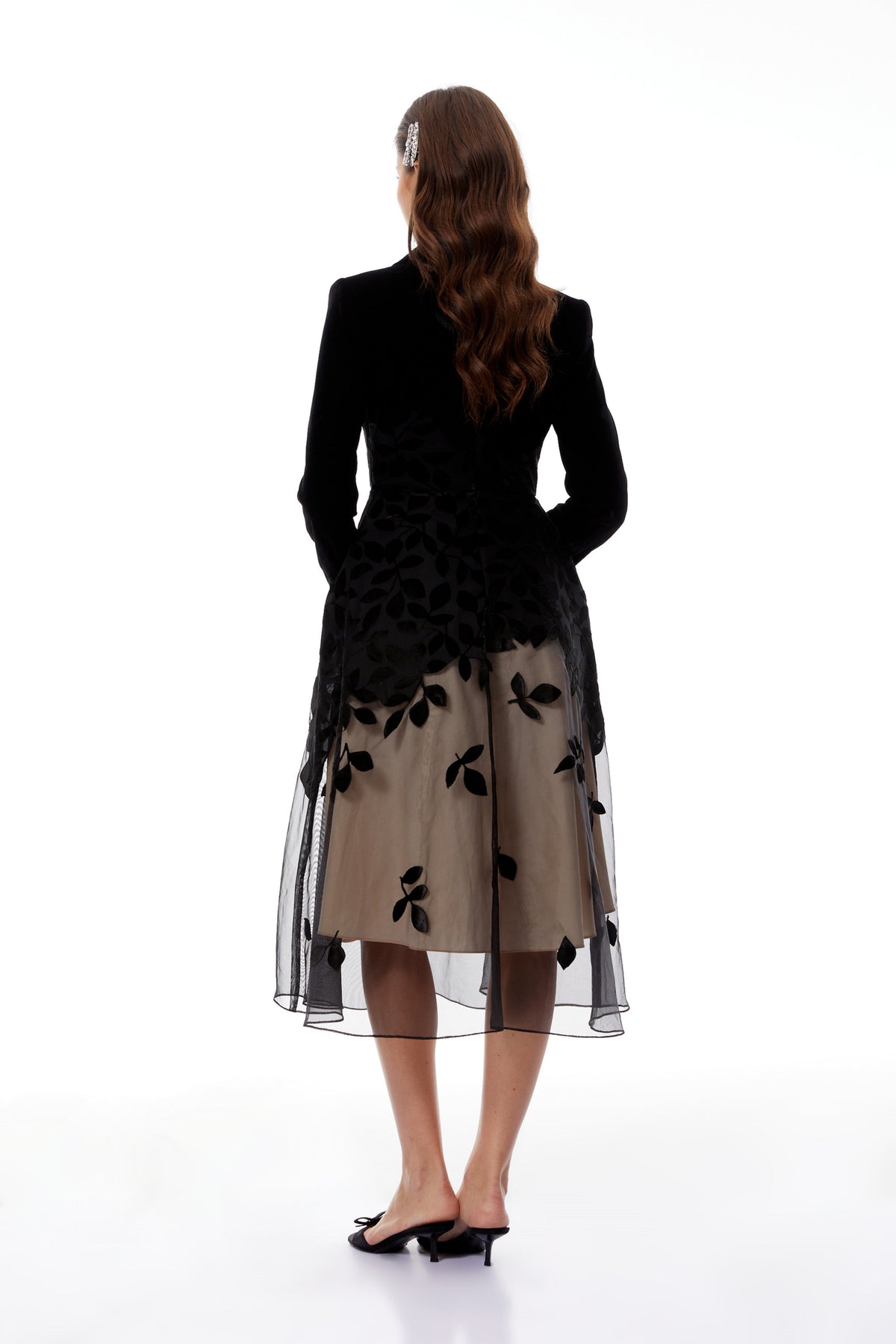 Brielle Black Leaf Embroidered Velvet Midi Dress (Final Sale-US Only)