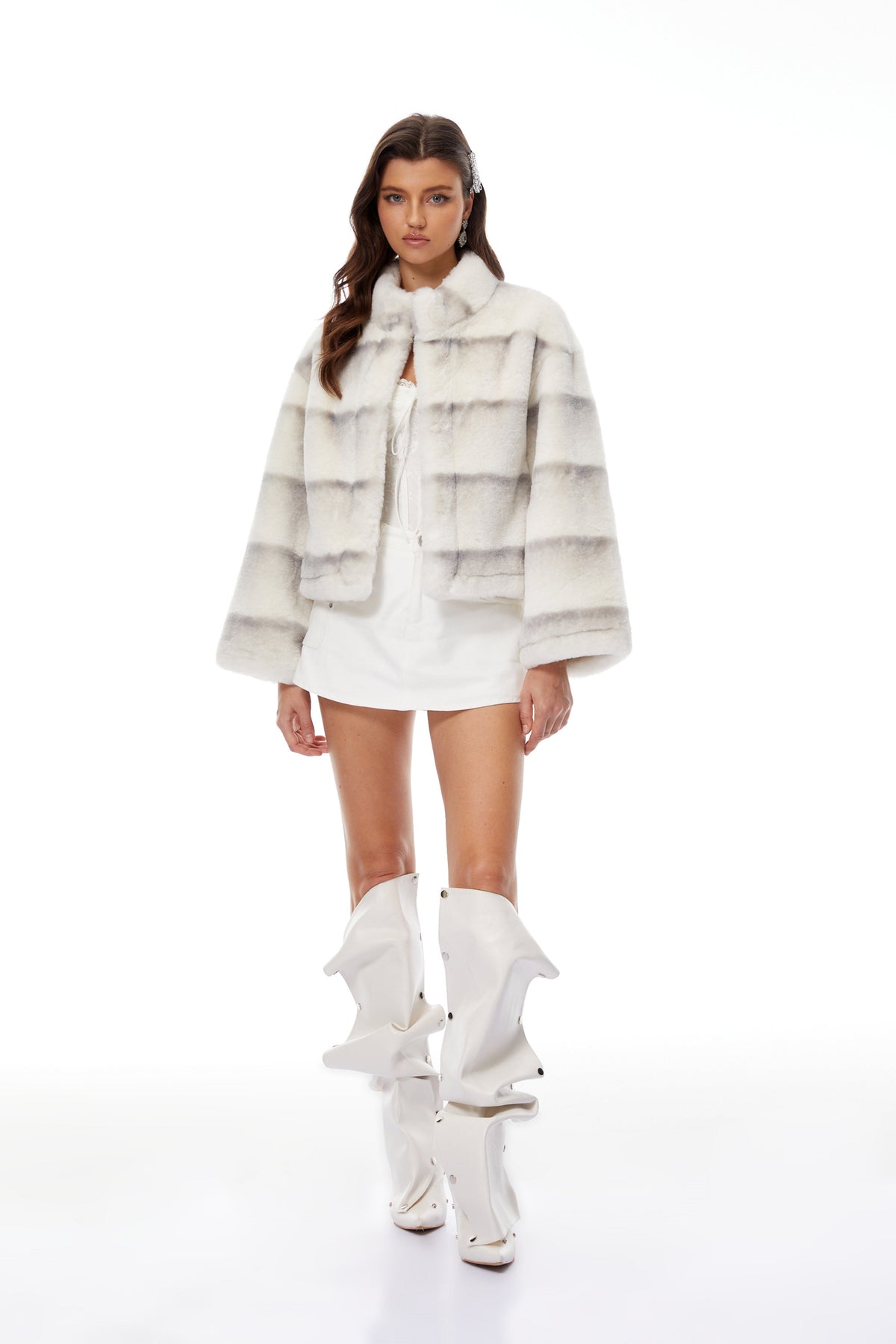 Alina White Gradient Faux Fur Short Coat