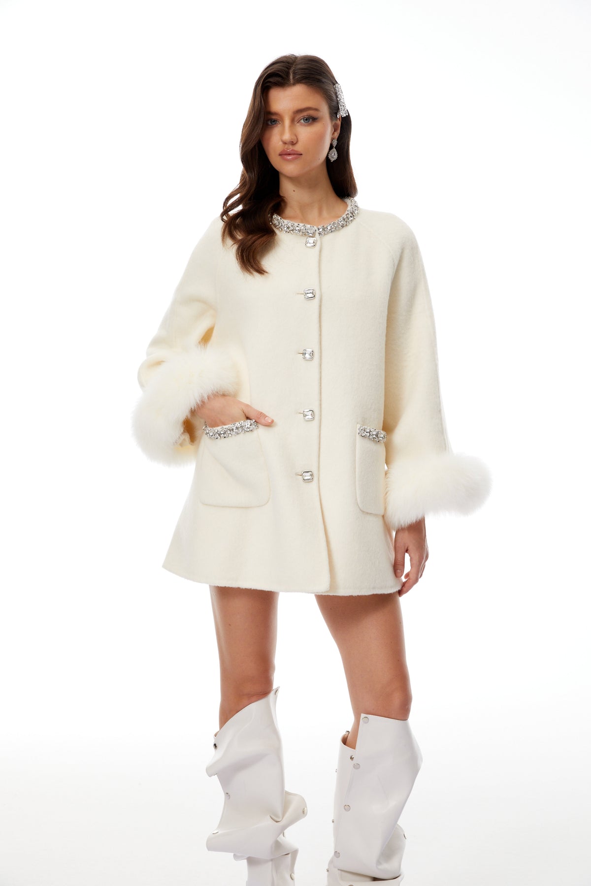 Emersyn White Fur Trim Embellished Wool Coat