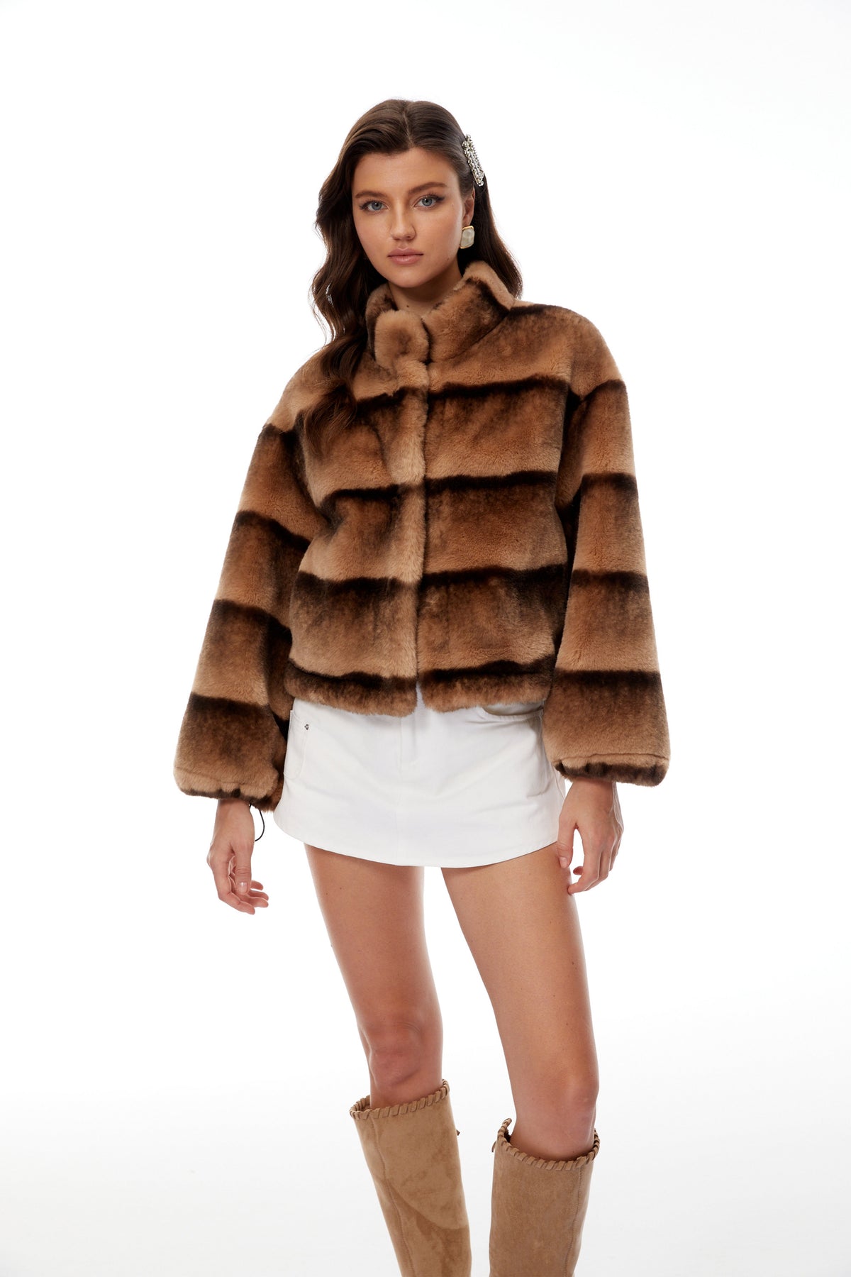 Alina Brown Gradient Faux Fur Short Coat