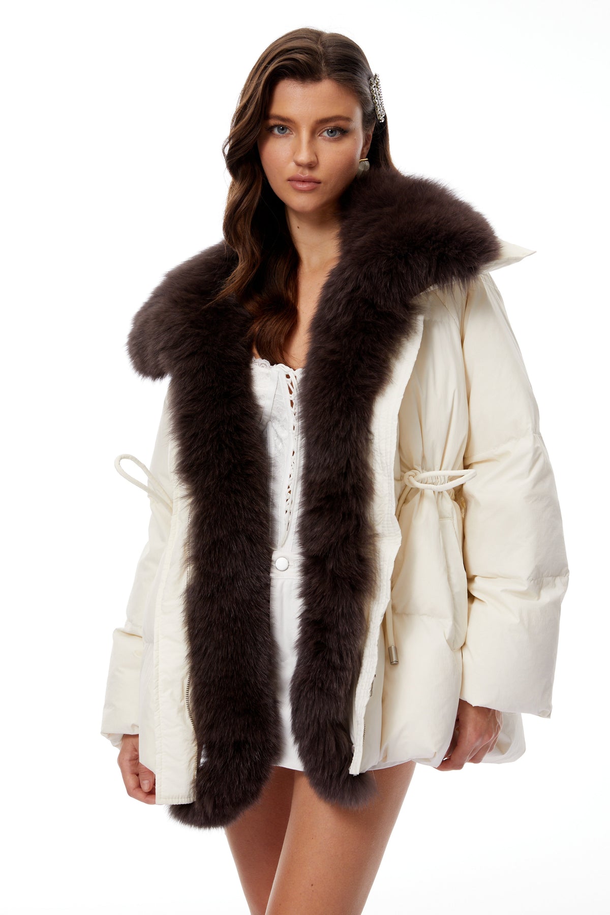 Cleo White Detachable Fur Lapel Down Jacket