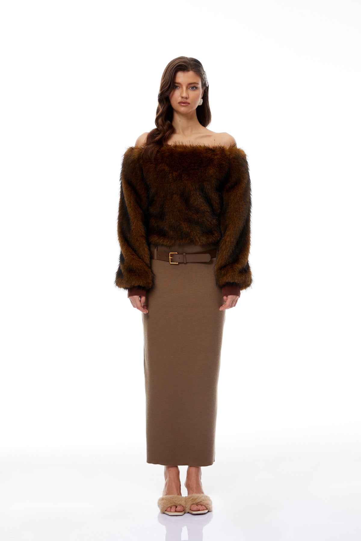 Sergia Brown One Shoulder Faux Fur Blouse (Final Sale)