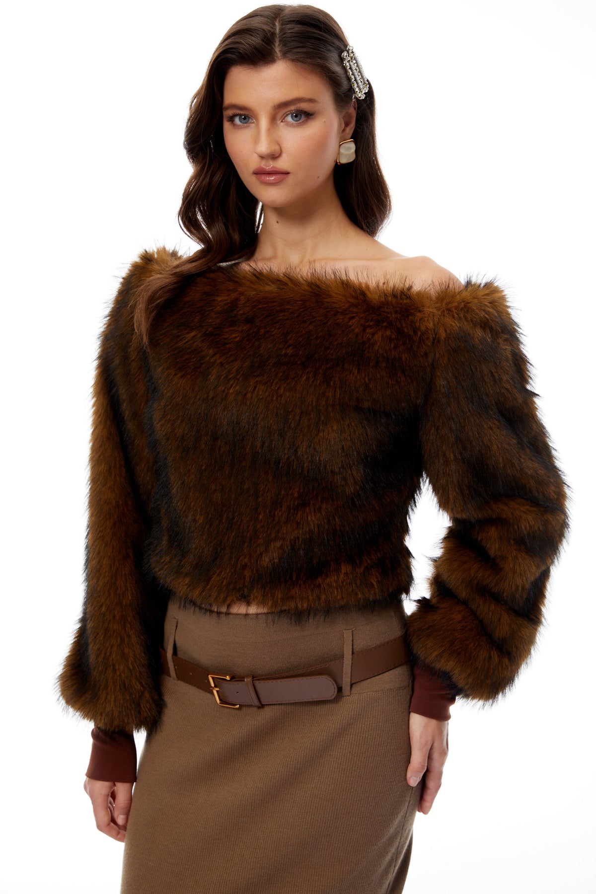 Sergia Brown One Shoulder Faux Fur Blouse (Final Sale)