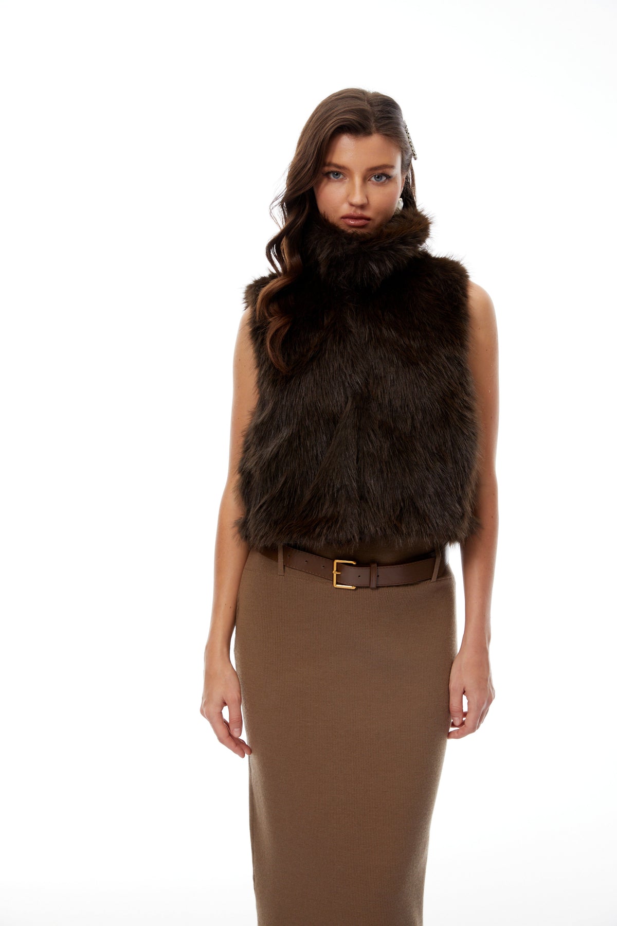 Viviana Brown Mock Neck Fur Gilet