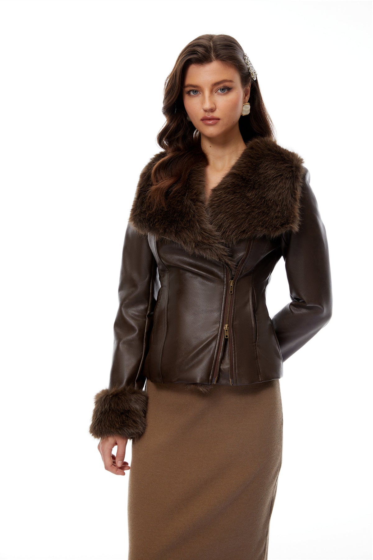 Oakley Brown Fur Panel Leather Biker Jacket