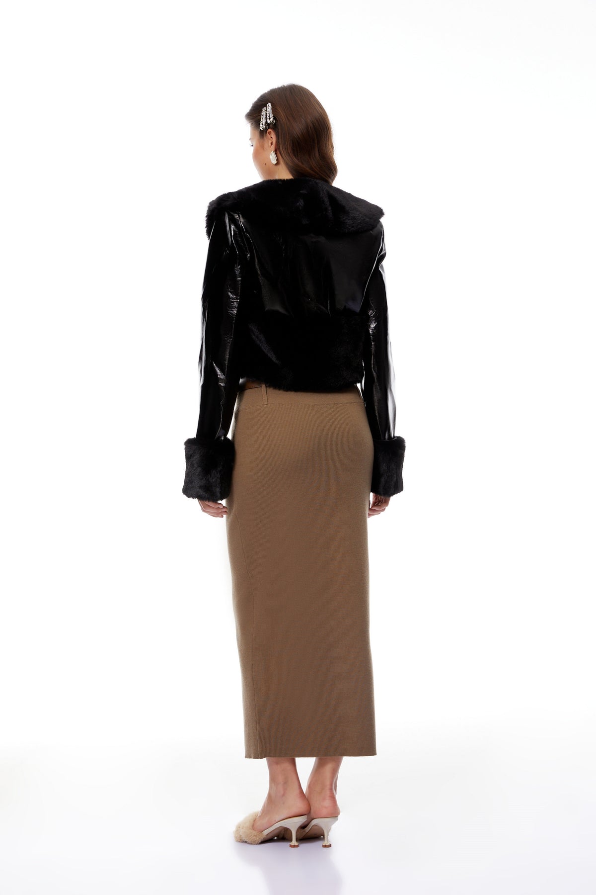 Catherine Black Fur Panel Patent Leather Jacket