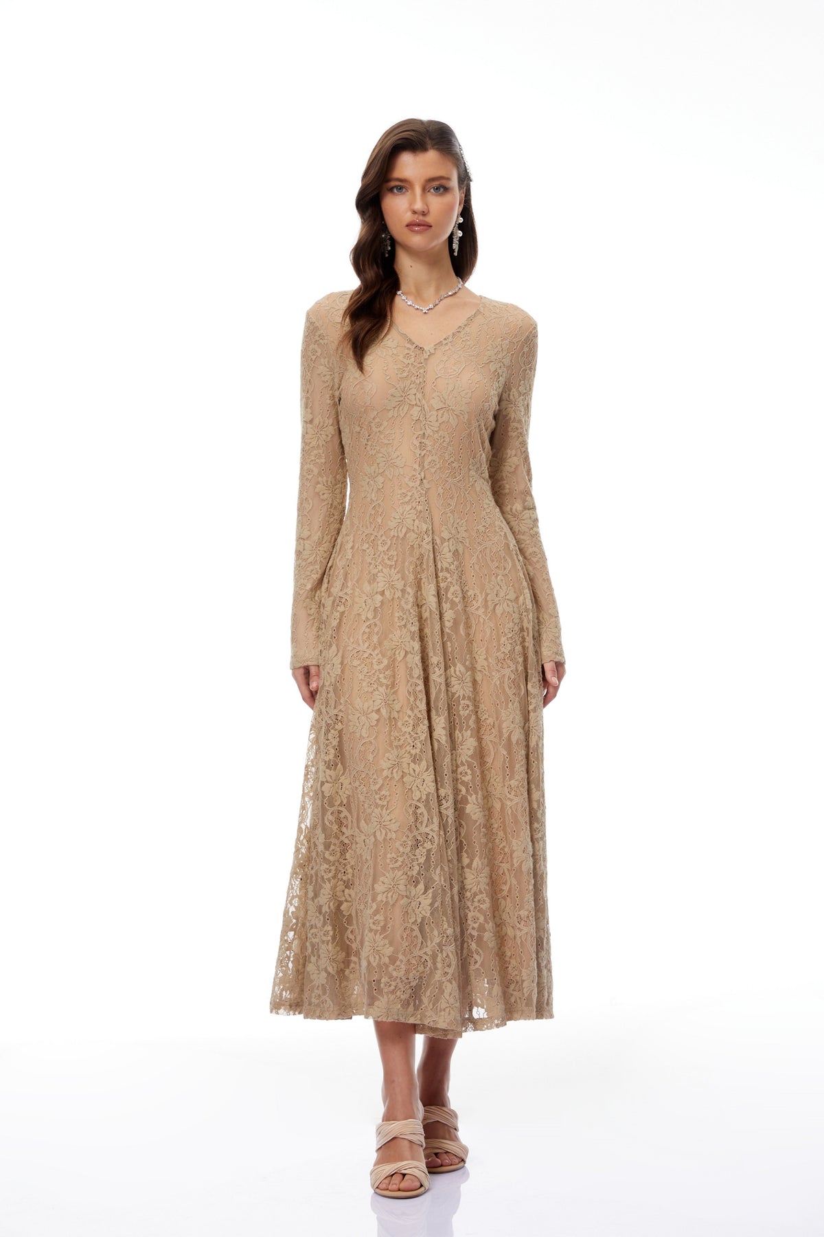 Fernanda Neutral Floral Lace Midi Dress (Final Sale)