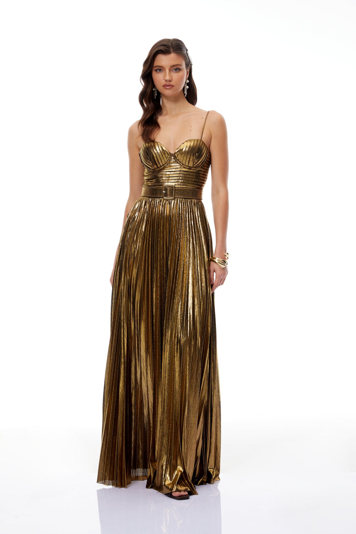 Calliope Gold Glossy Pleated Maxi Dress