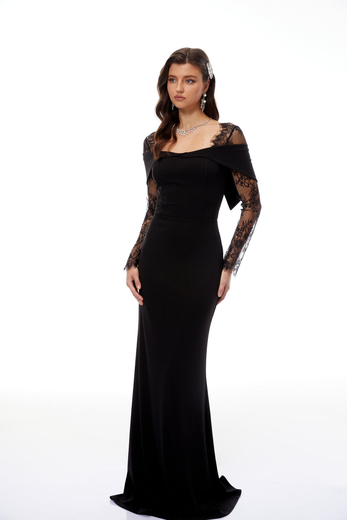 Georgiana Black Lace Panel Flared Maxi Gown (Final Sale-US Only)