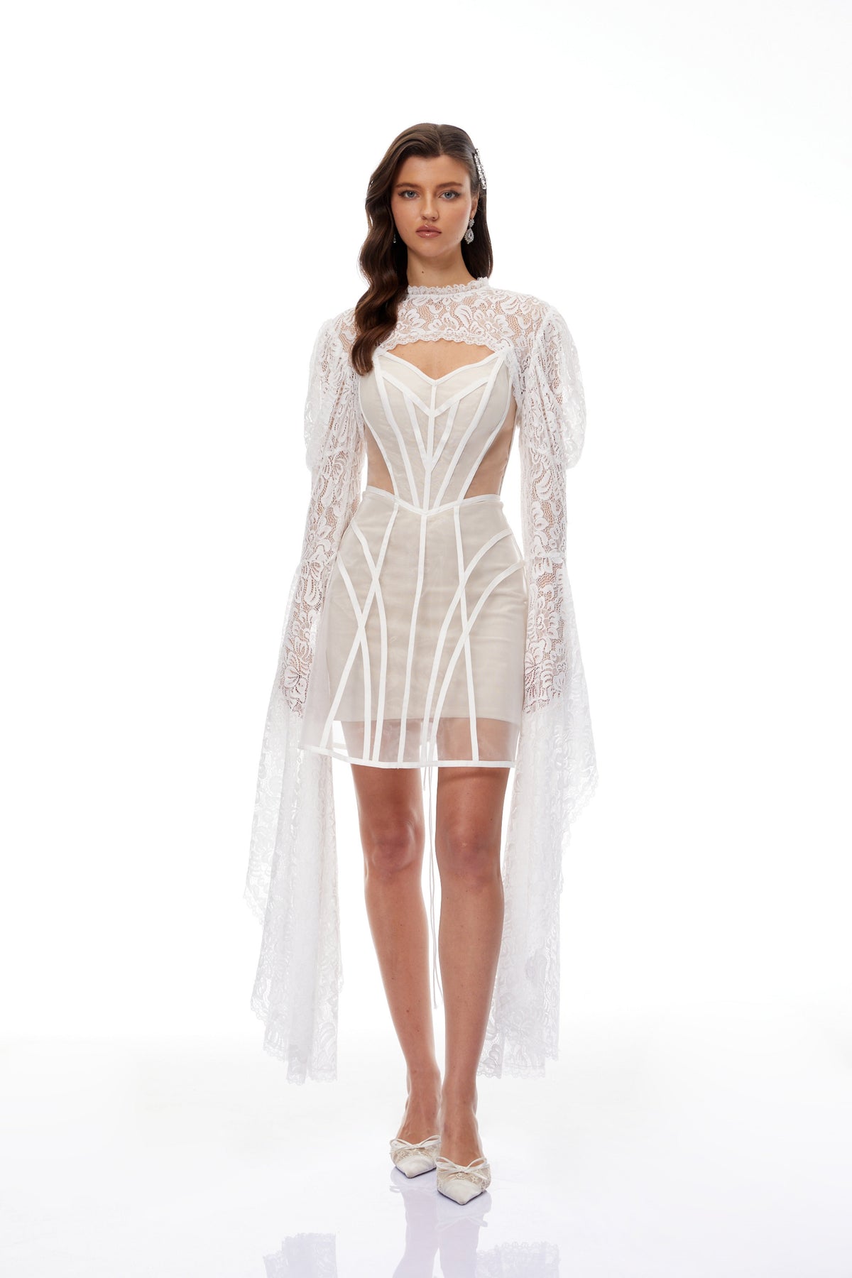 Ilaria White Lace Shrug & Linear Organza Dress Set  (Final Sale-US Only)