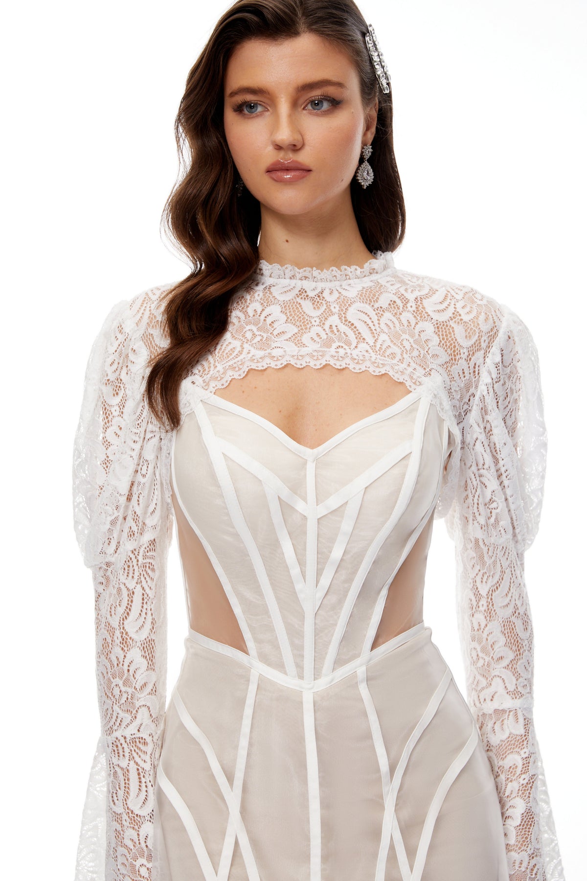Ilaria White Lace Shrug & Linear Organza Dress Set  (Final Sale-US Only)