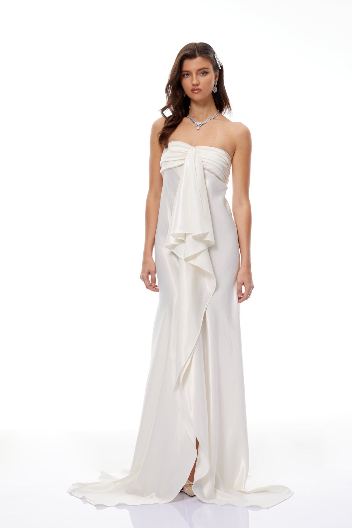 Lilla Beige Strapless Ruffled Satin Maxi Dress  (Final Sale-US Only)