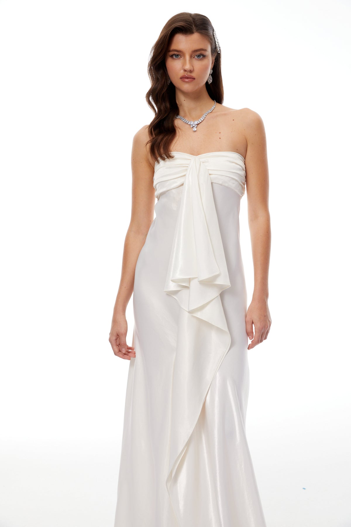 Lilla Beige Strapless Ruffled Satin Maxi Dress  (Final Sale-US Only)