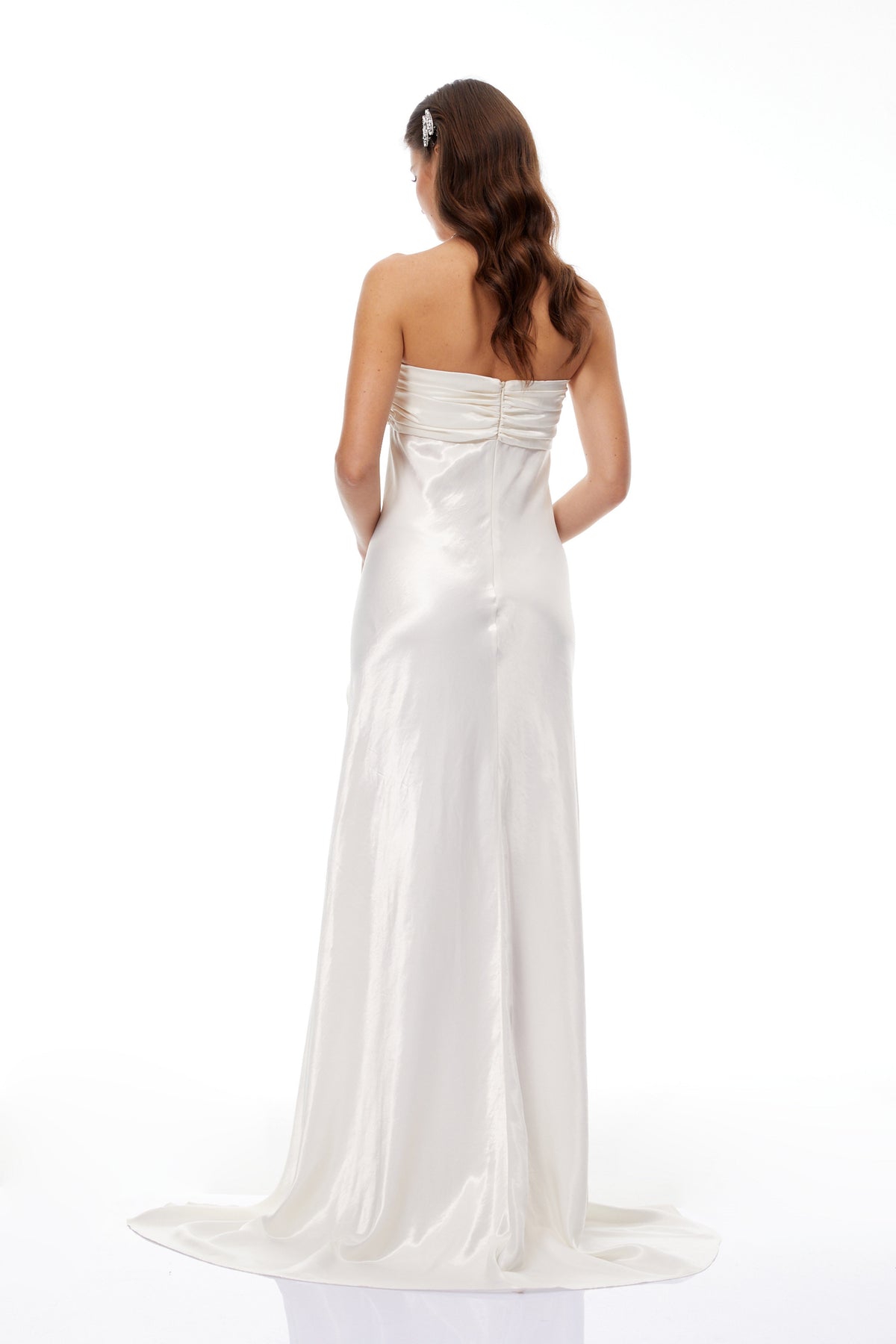 Lilla Beige Strapless Ruffled Satin Maxi Dress  (Final Sale-US Only)