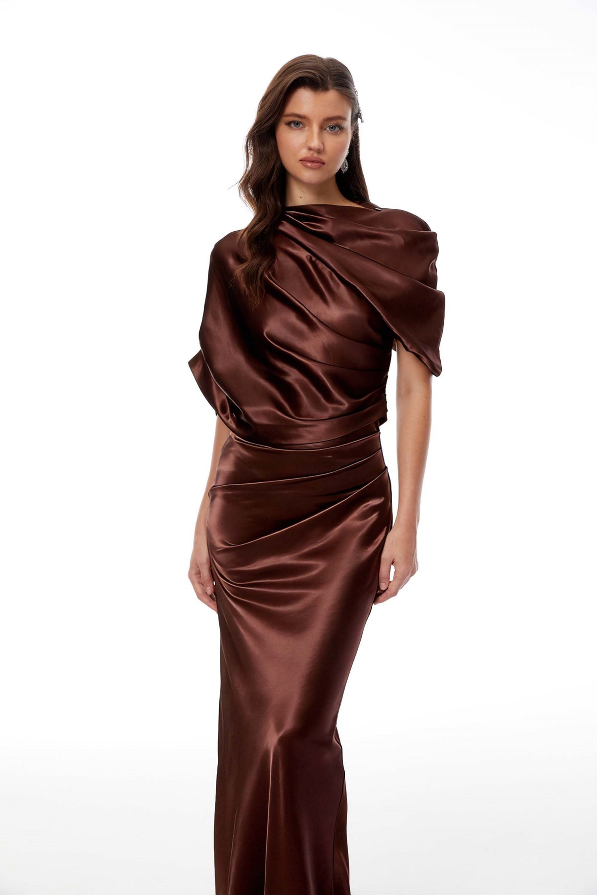 Luisa Brown Asymmetrical Gathered Satin Maxi Dress