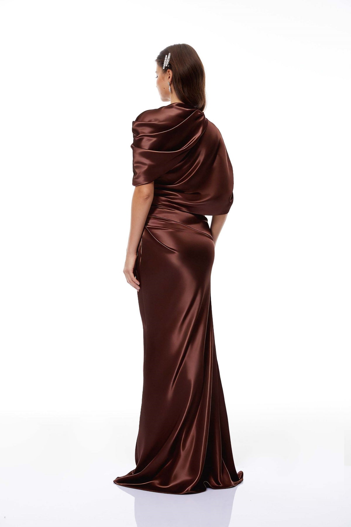 Luisa Brown Asymmetrical Gathered Satin Maxi Dress (Final Sale-US Only)