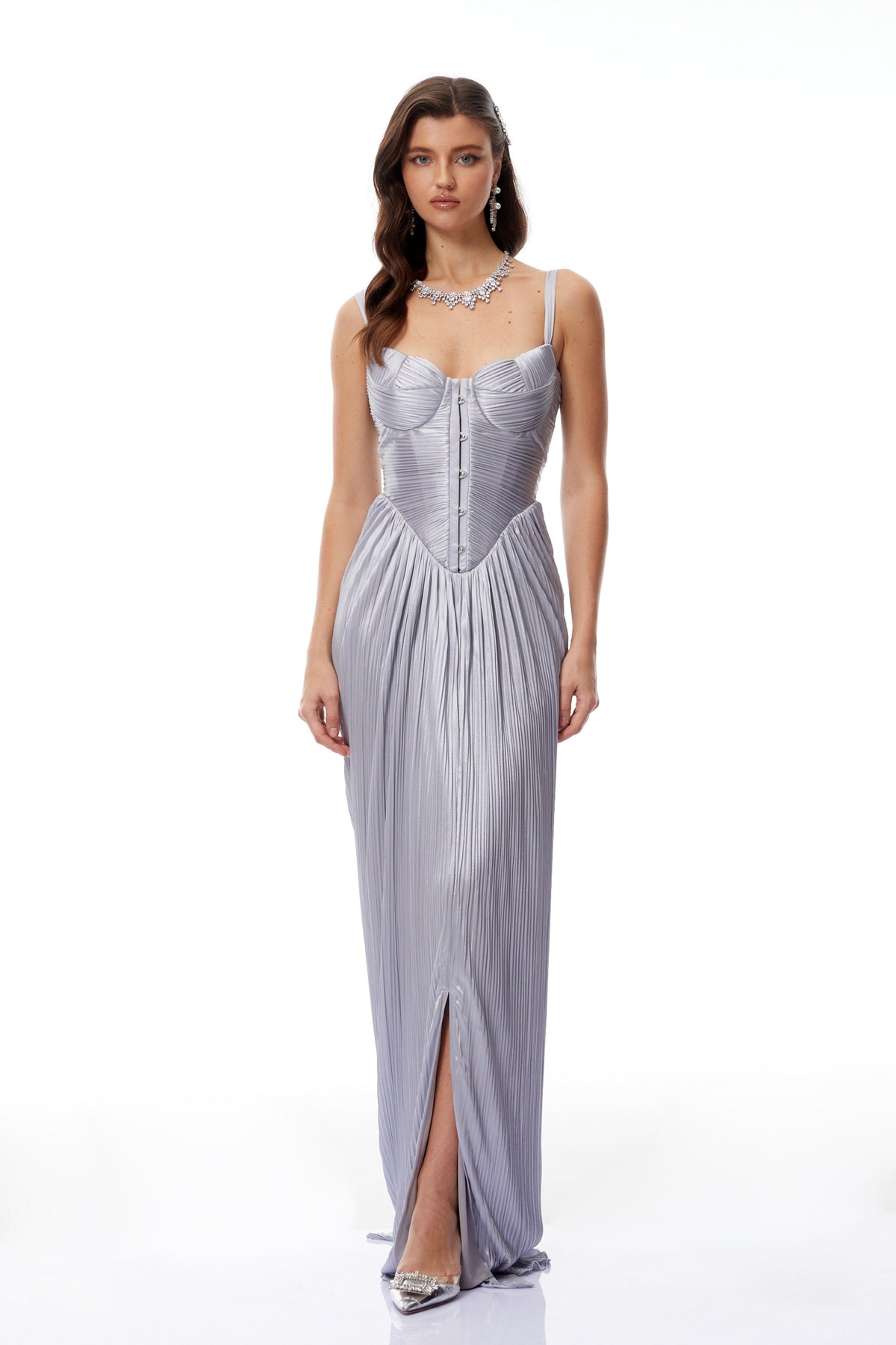 Nicoletta Silver Glossy Pleated Corset Maxi Dress
