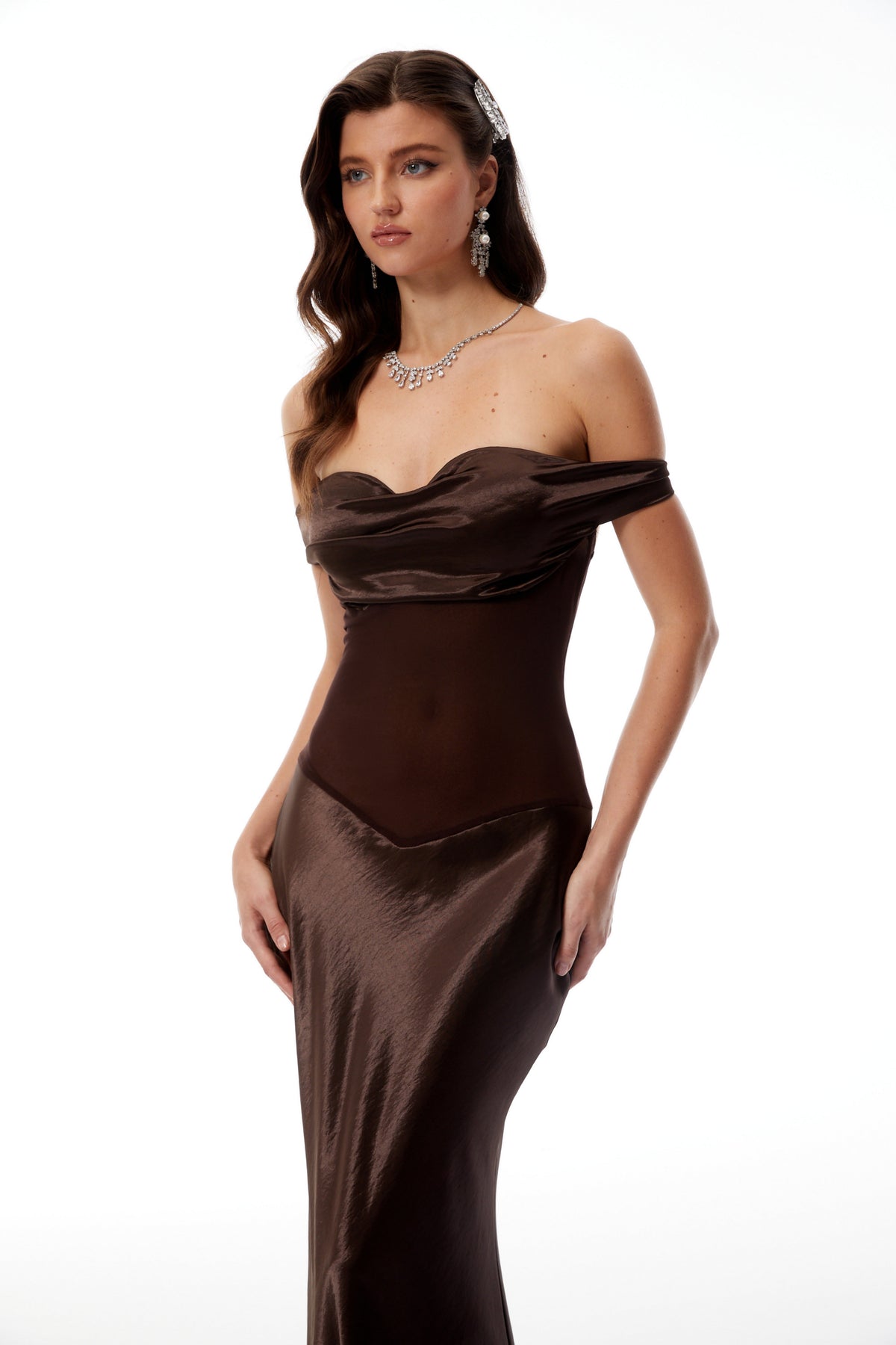 Gitta Brown Off Shoulder Satin Maxi Gown (Final Sale-US Only)