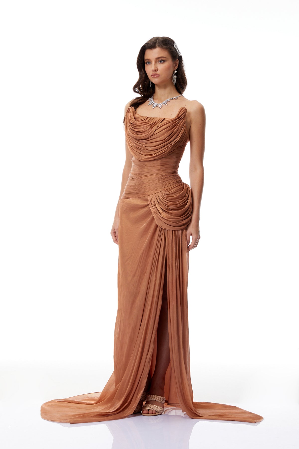 Gelsomina Gold Asymmetrical Glossy Gathered Maxi Dress(Final Sale-US Only)