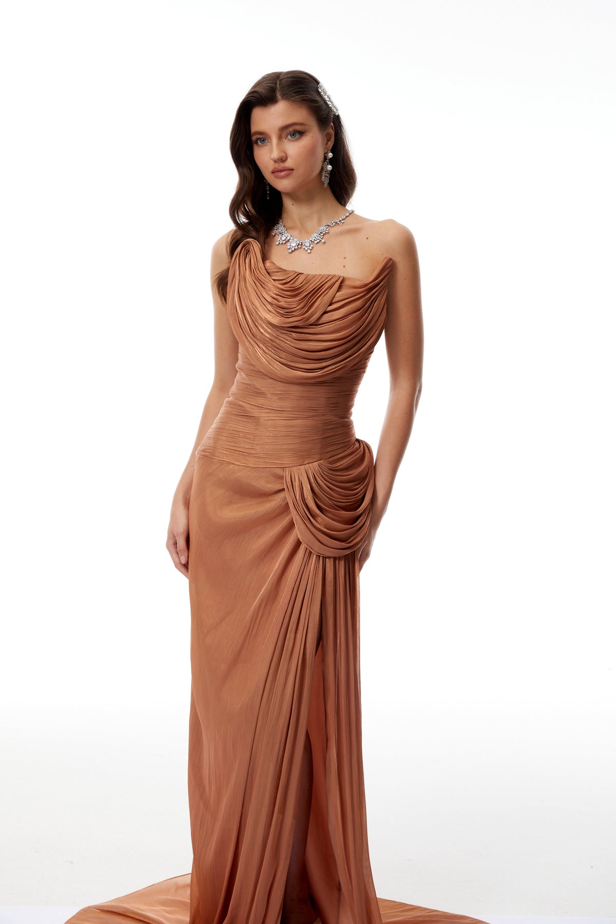 Gelsomina Gold Asymmetrical Glossy Gathered Maxi Dress(Final Sale-US Only)