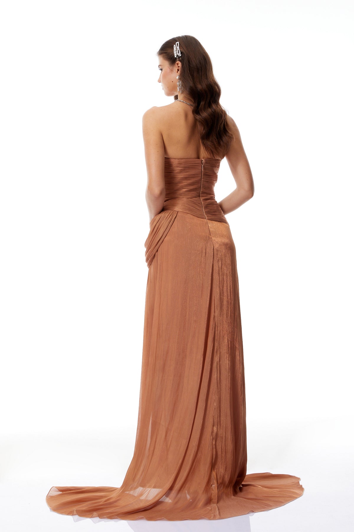 Gelsomina Gold Asymmetrical Glossy Gathered Maxi Dress(Final Sale-US Only)