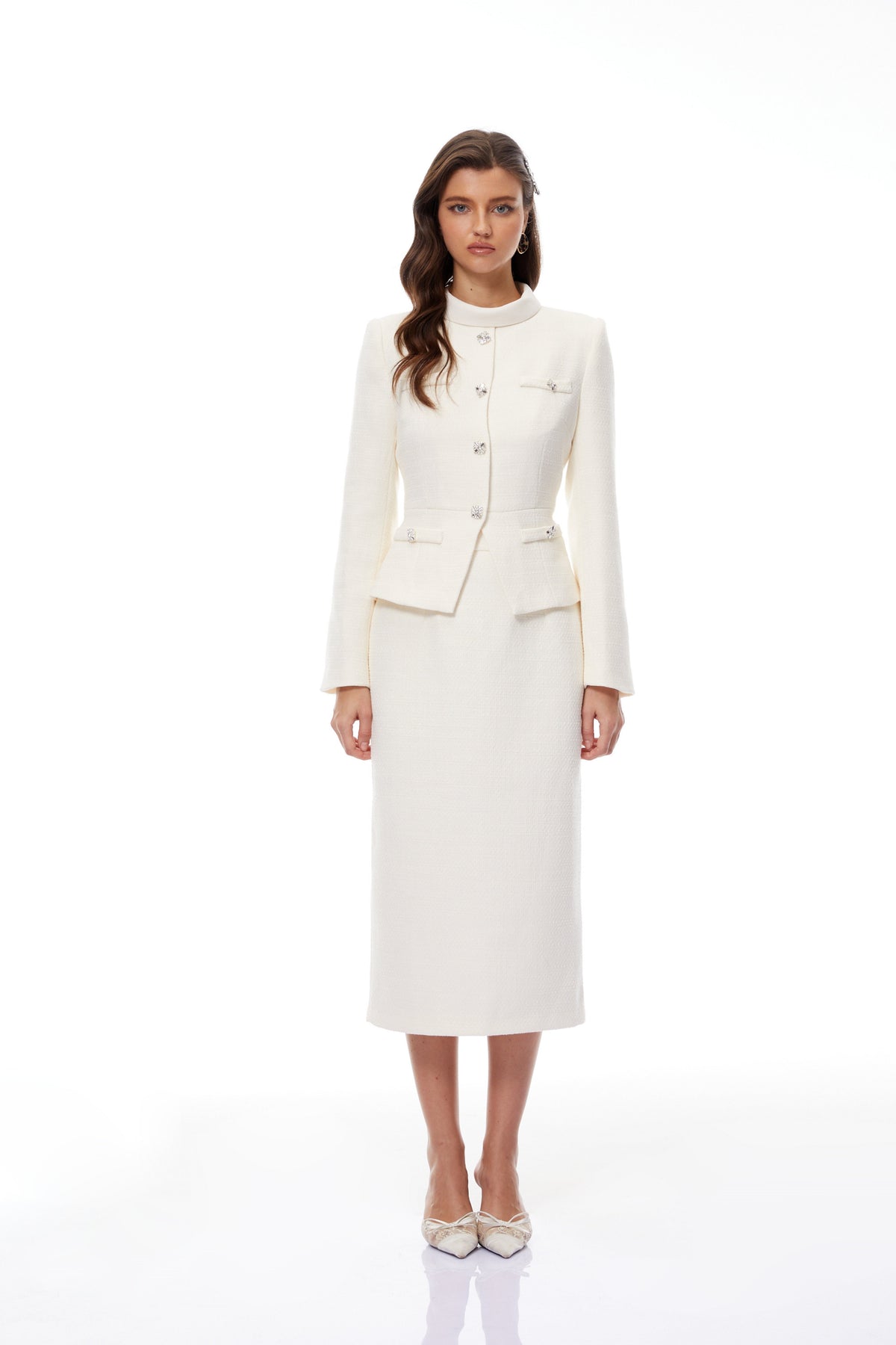 Regina White Crystal Embellished Tweed Jacket & Skirt Set