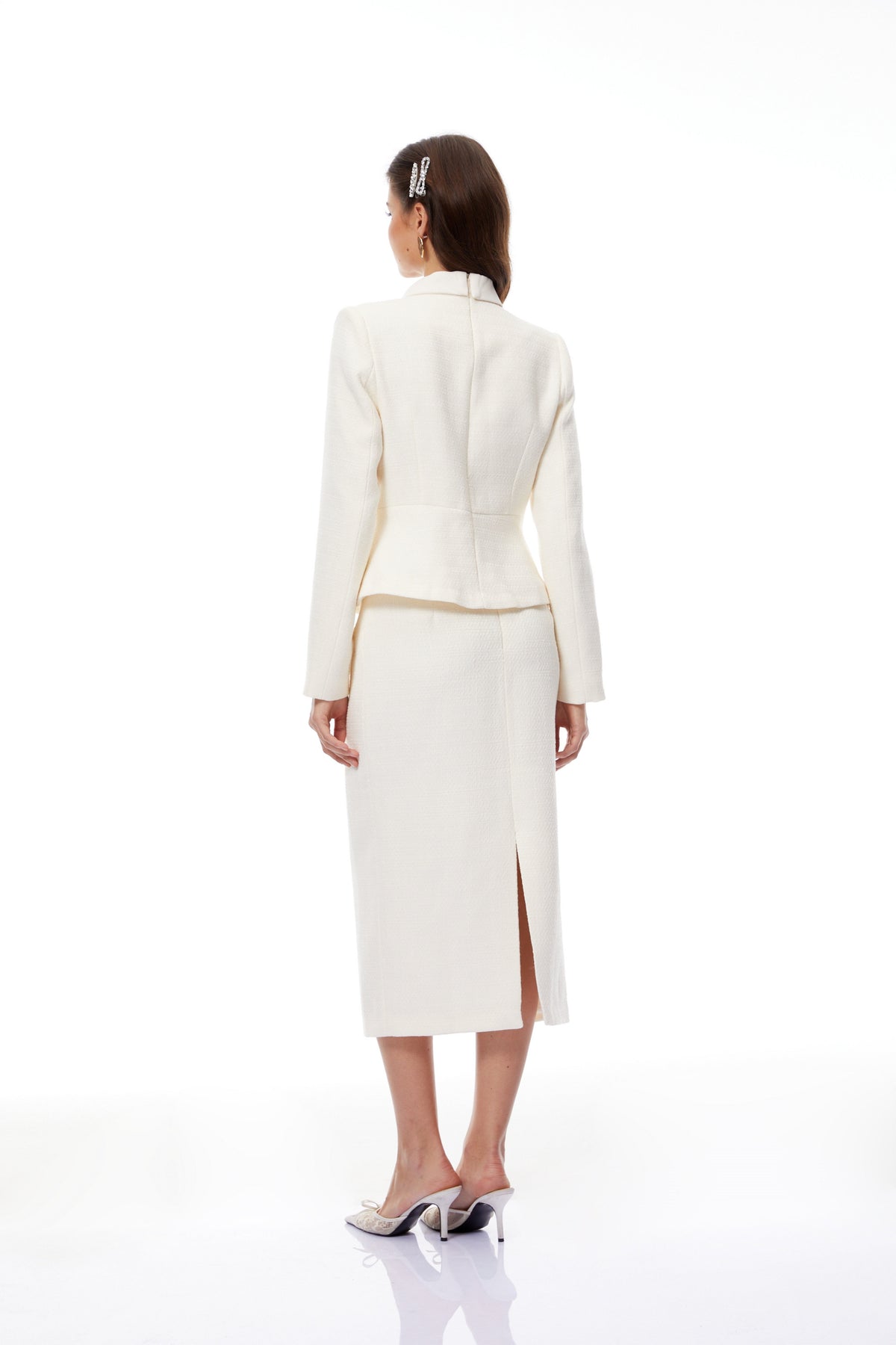 Regina White Crystal Embellished Tweed Jacket & Skirt Set