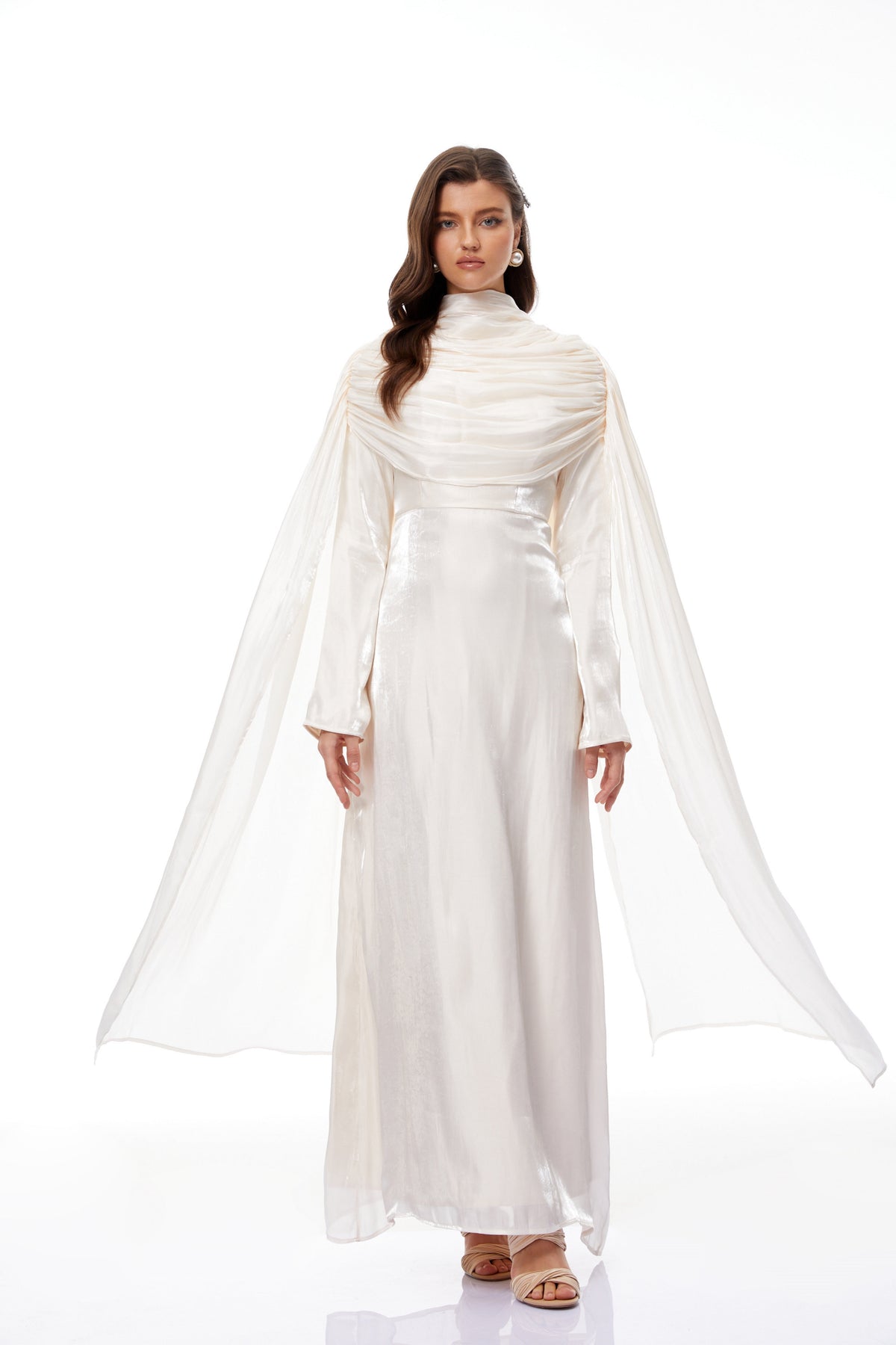 Hege Cream Glossy Ruched Cape Maxi Dress (Final Sale-US Only)