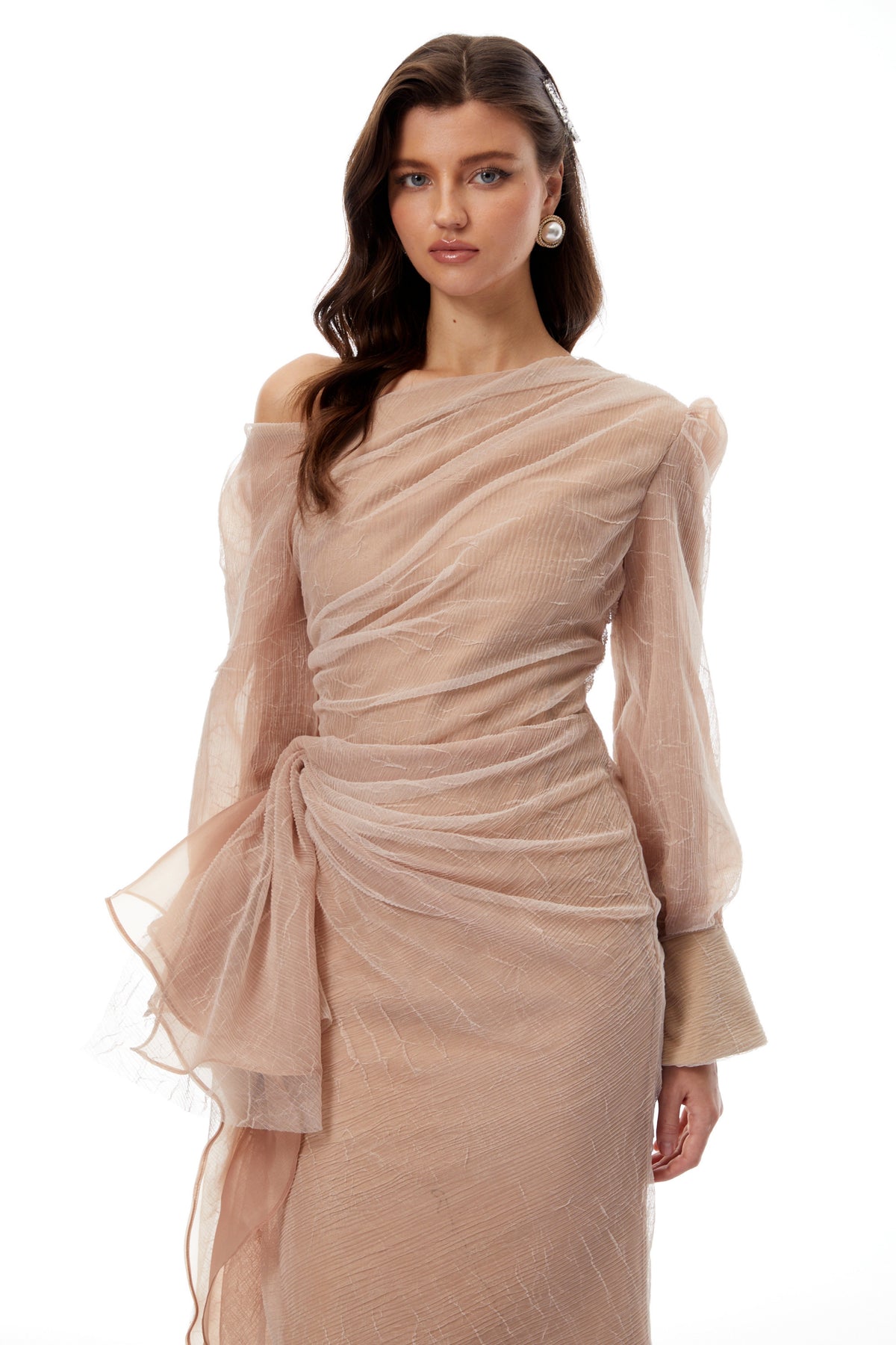 Pietro Khaki Asymmetrical Gathered Midi Dress (Final Sale-US Only)