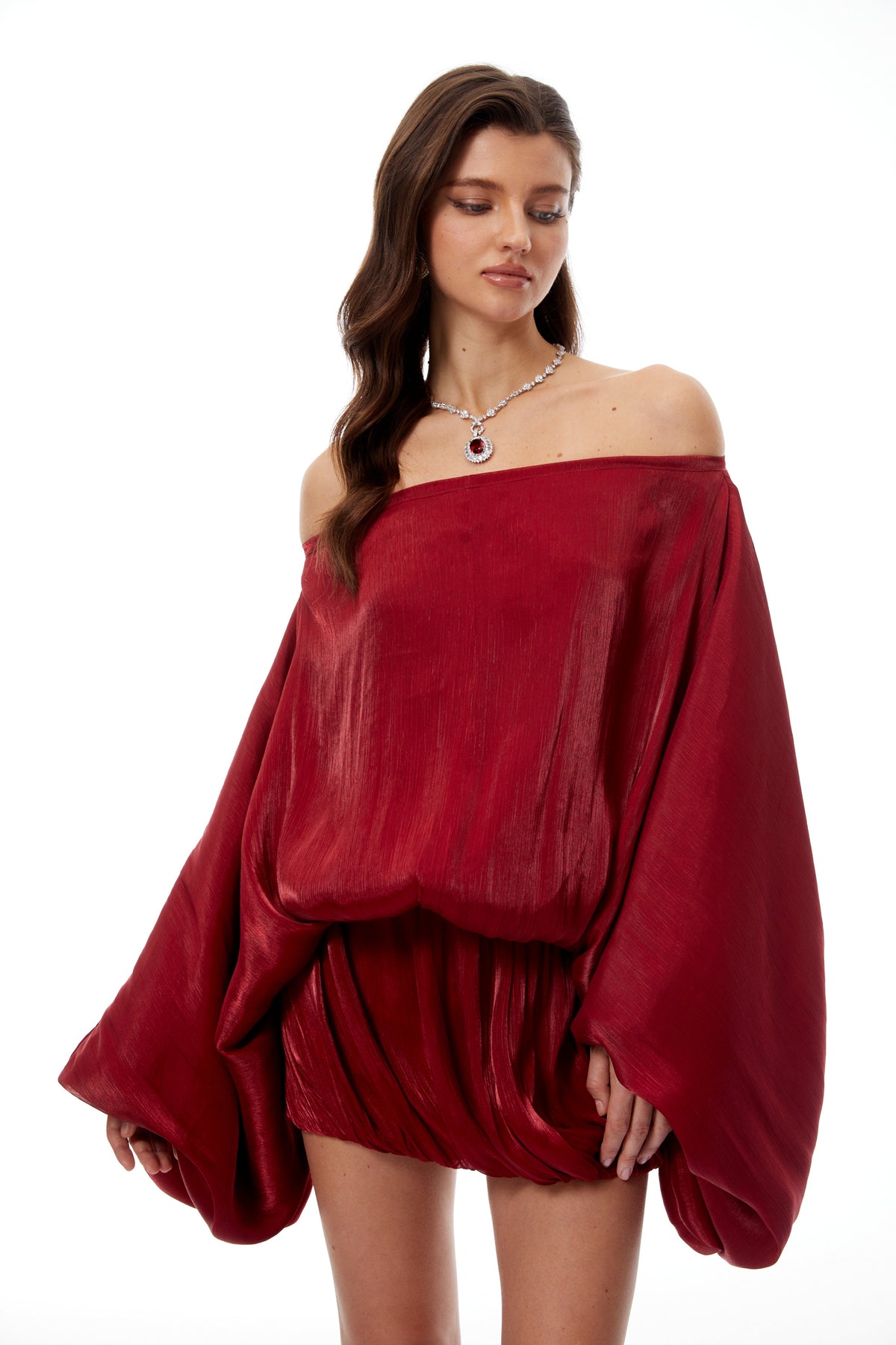 Patrizia Red Off Shoulder Glossy Mini Dress (Final Sale-US Only)
