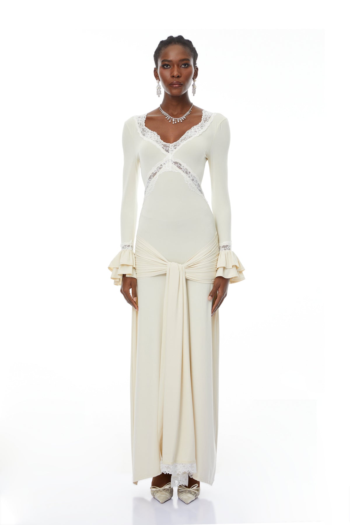 Tonina White Lace Trim Twisted Maxi Dress (Final Sale-US Only)