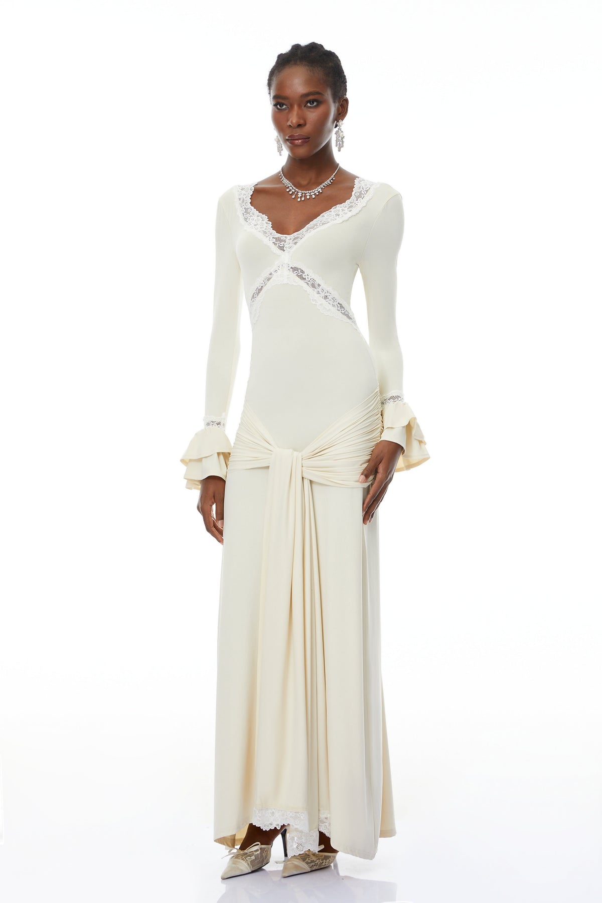 Tonina White Lace Trim Twisted Maxi Dress (Final Sale-US Only)