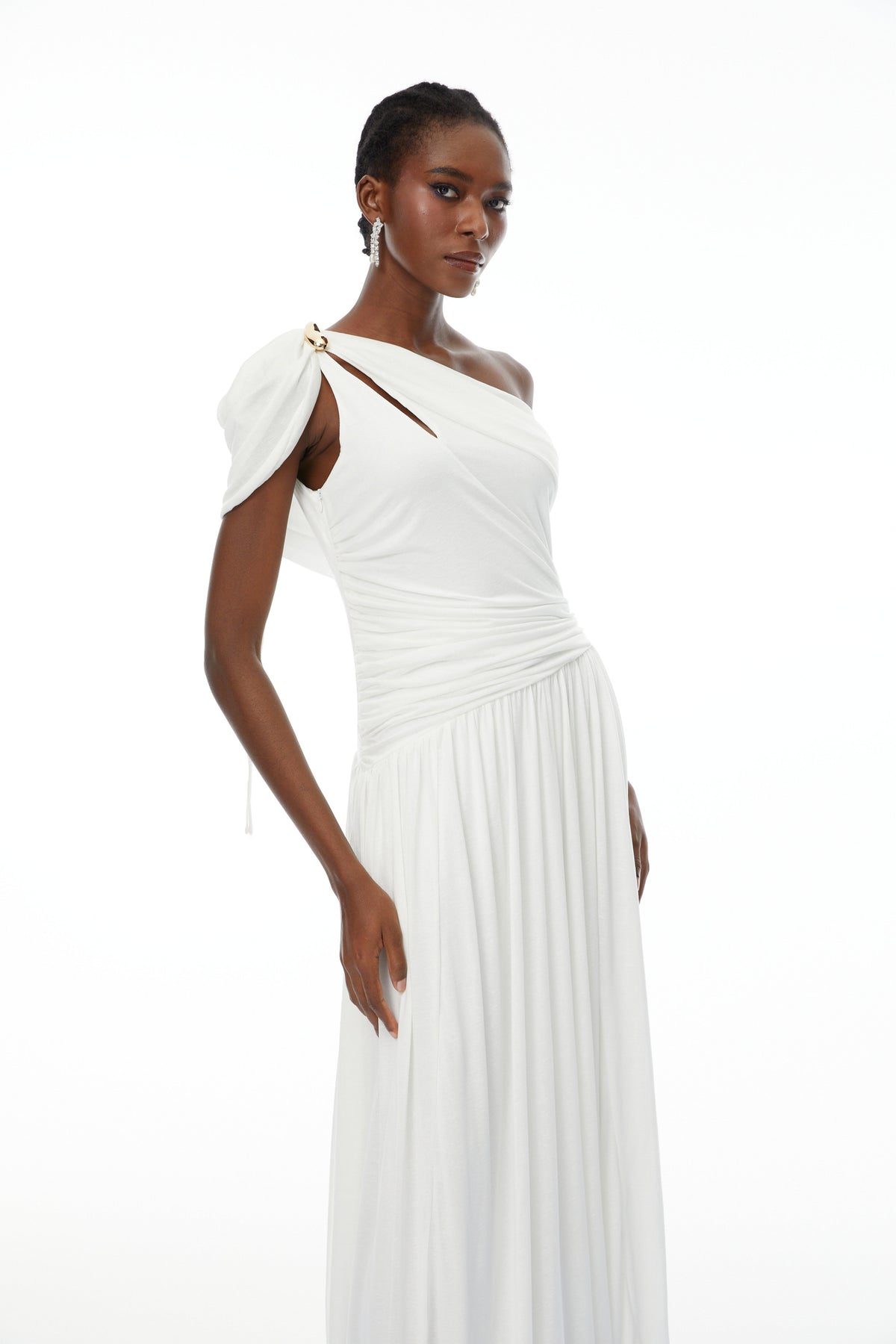 Sigrun White Asymmetrical Gathered Maxi Dress (Final Sale-US Only)