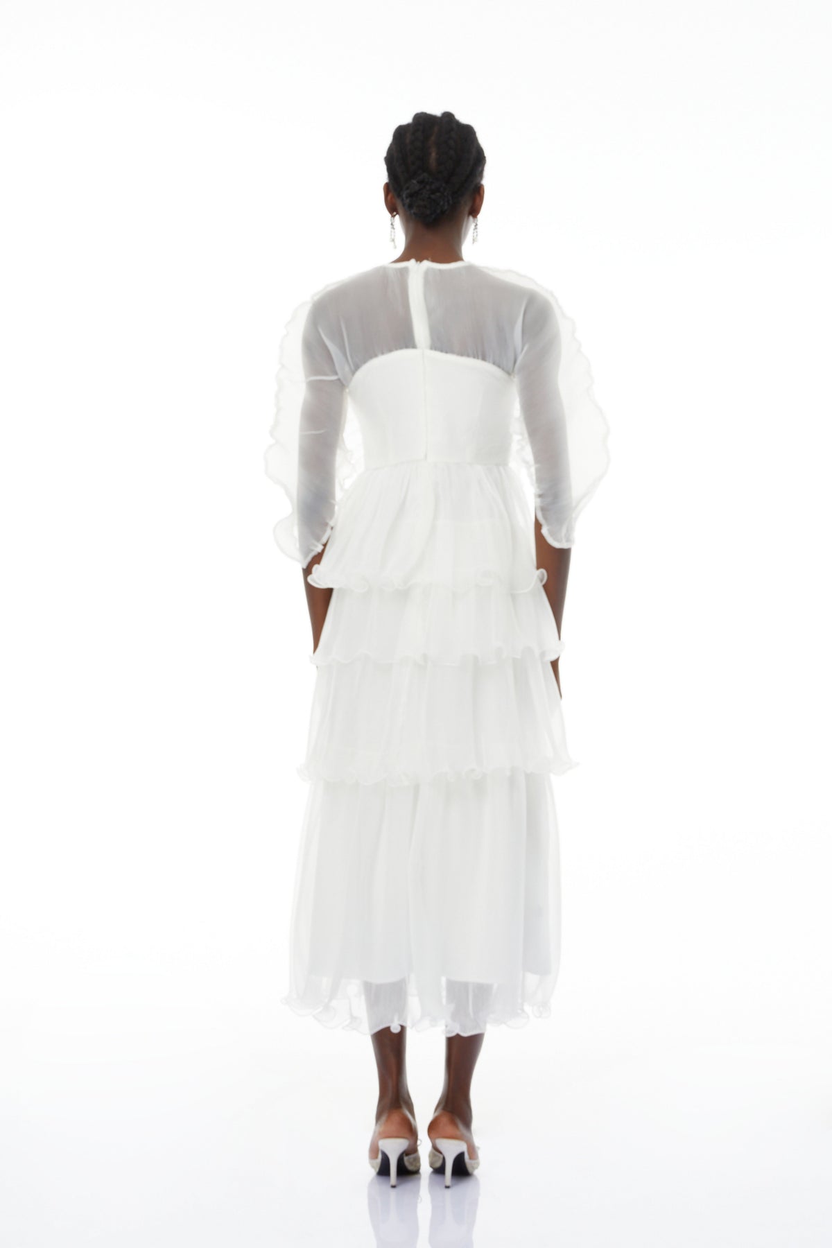 Simona White Floral Ruffled Tiered Midi Dress