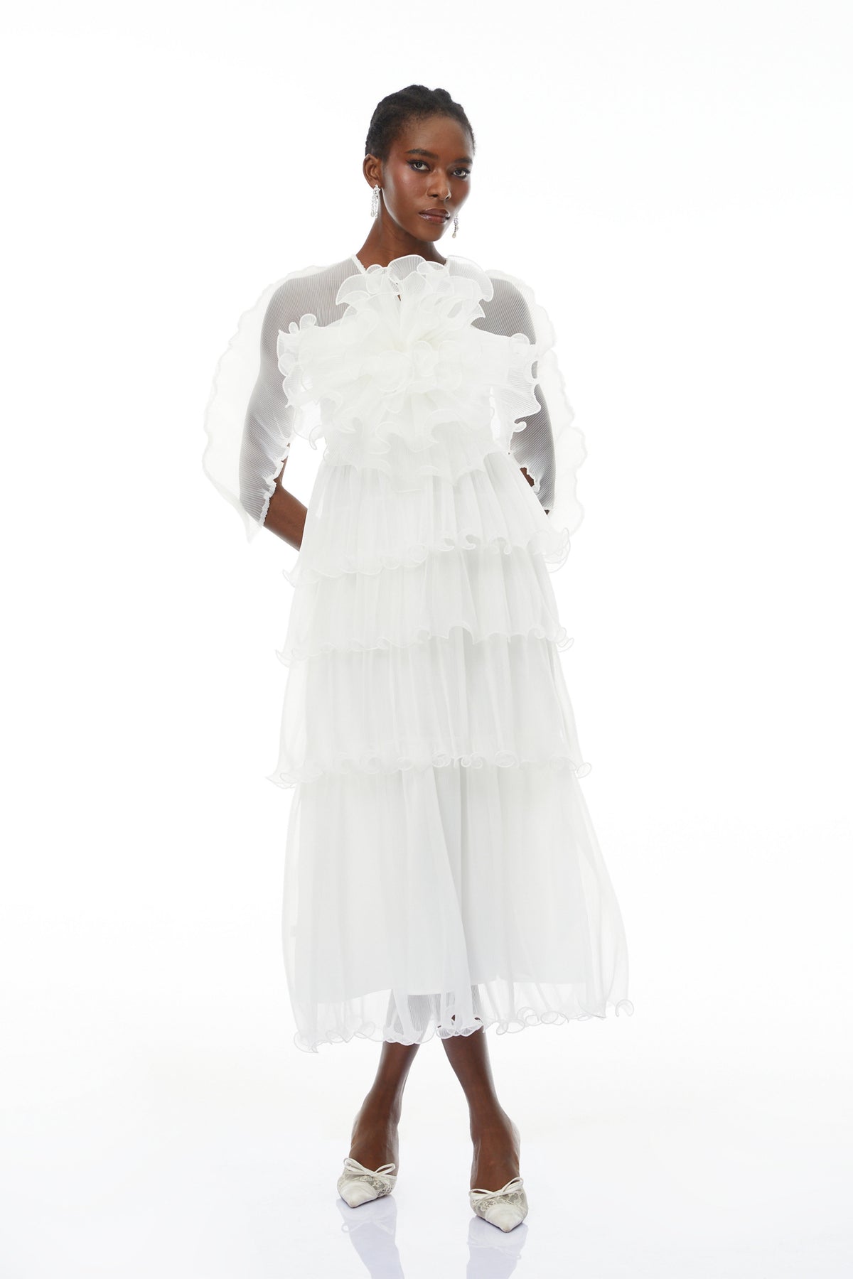 Simona White Floral Ruffled Tiered Midi Dress (Final Sale)