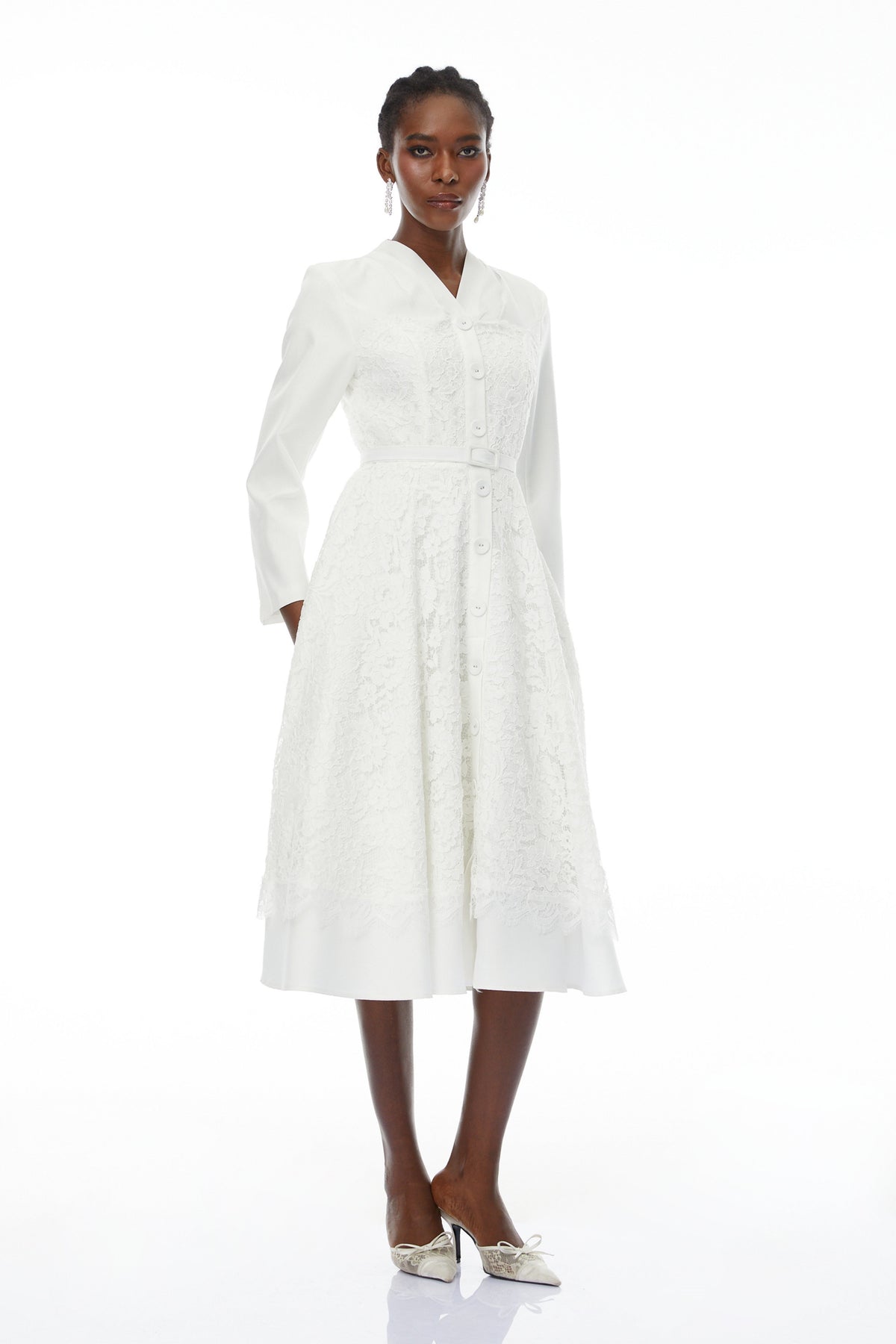 Giuseppin White V-Neck Lace Panel Midi Dress