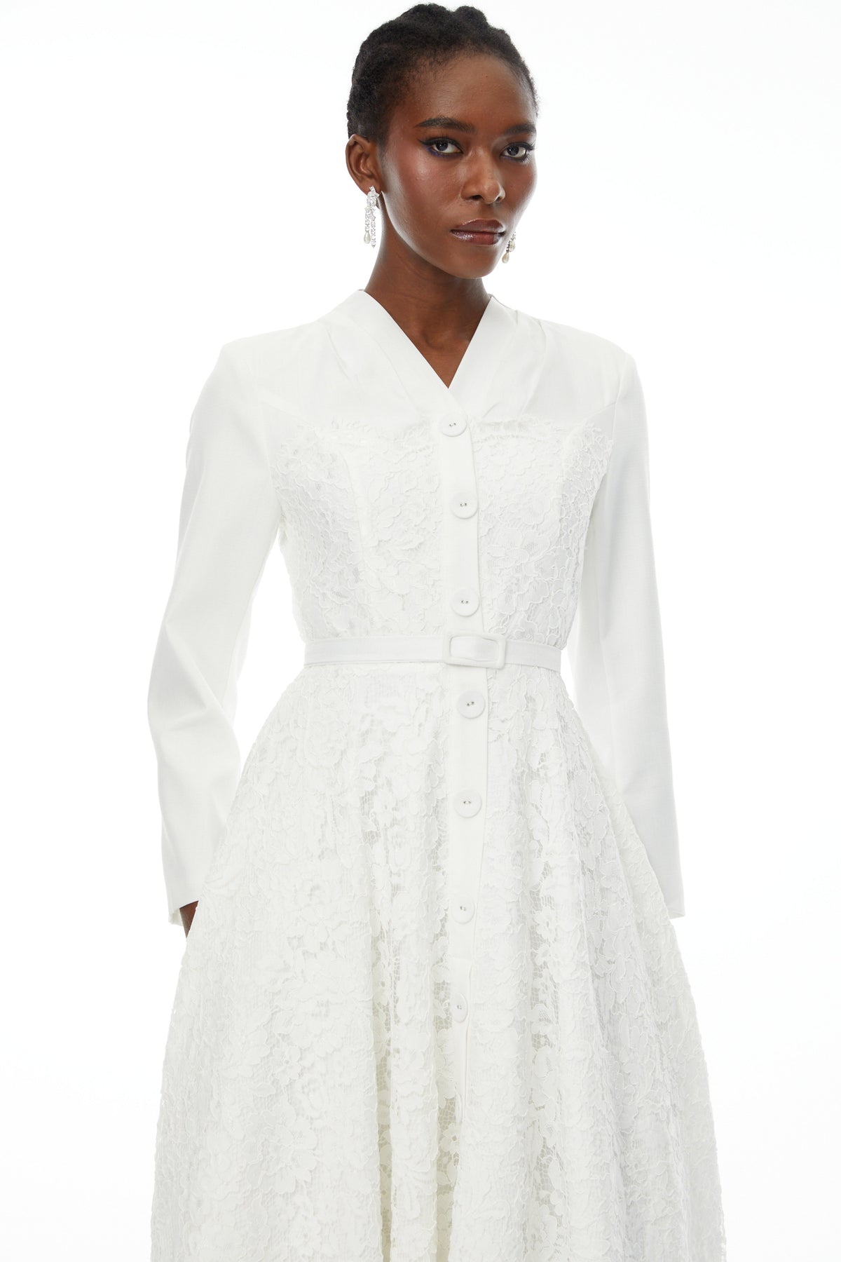 Giuseppin White V-Neck Lace Panel Midi Dress